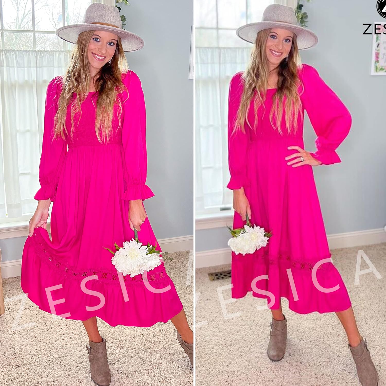 ZESICA Women's 2026 Boho Long Sleeve Square Neck Smocked High Waist Flowy A Line Lace Trim Maxi Dress - Image 7