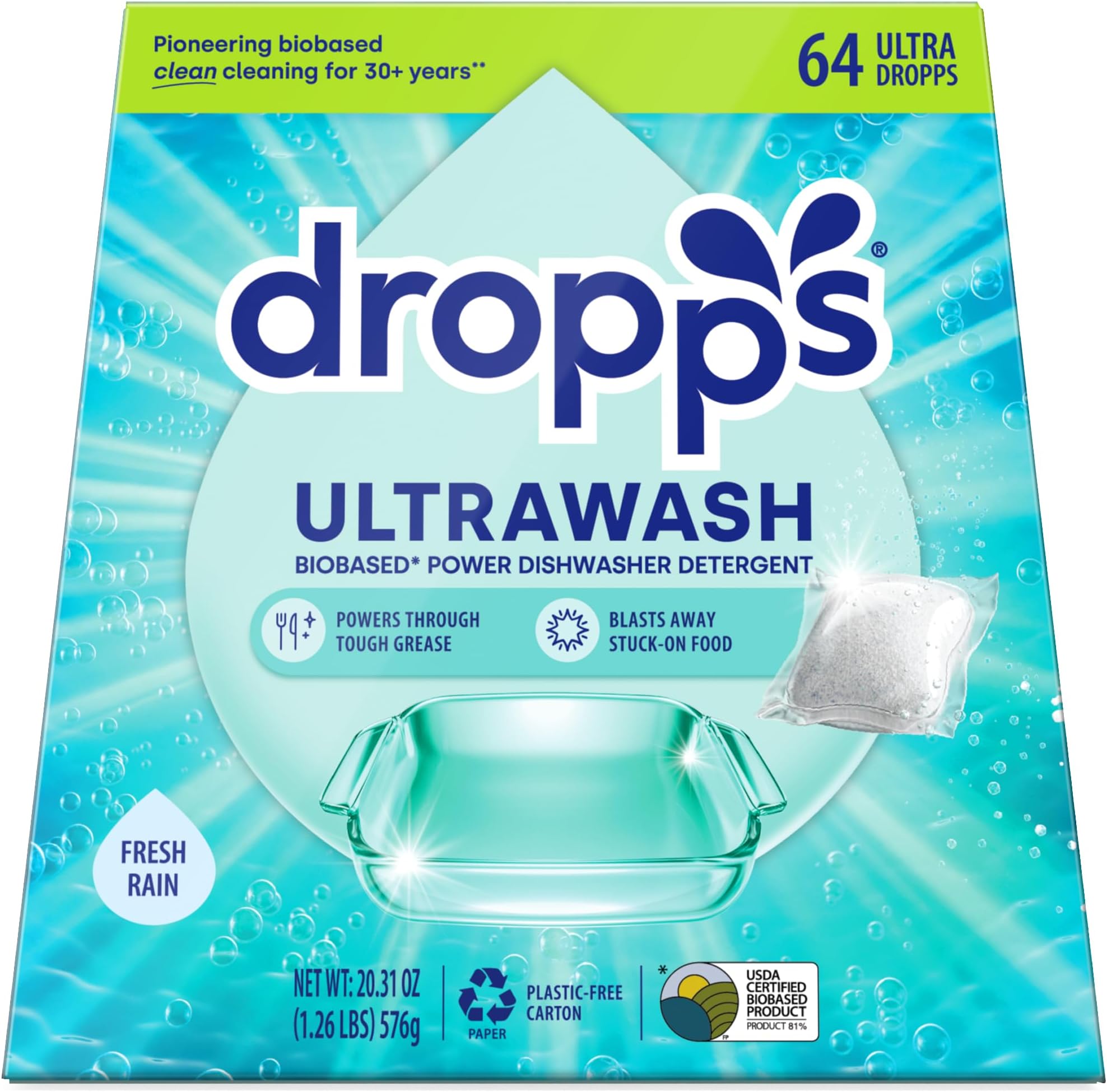 UltraWash Dishwasher Pods, Fresh Rain (64 Count) - Biobased Power Deep Clean Dishwasher Detergent Tablets for Sparkling Shiny Dishes - No Rinse Aid or Pre-Wash Needed - Dishwashing Pods