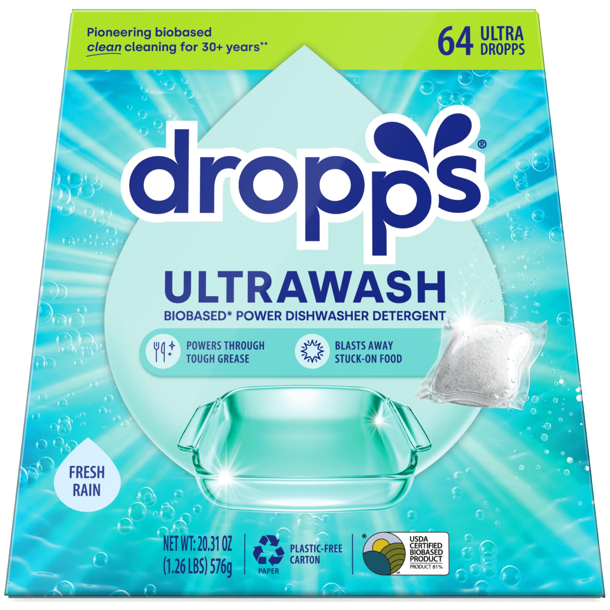 Dropps UltraWash Dishwasher Pods, Fresh Rain (64 Count) - Biobased Power Deep Clean Dishwasher Detergent Tablets for Sparkling Shiny Dishes - No Rinse Aid or Pre-Wash Needed - Dishwashing Pods