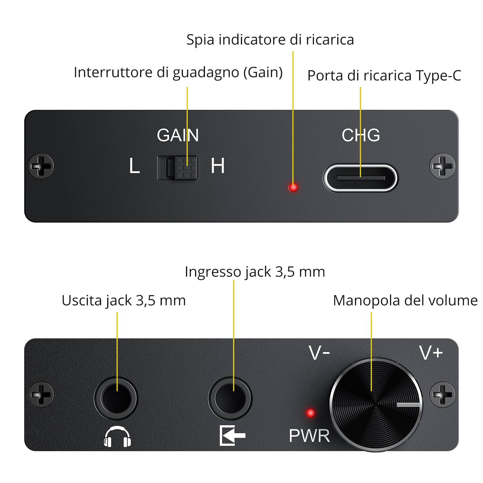 PROZOR HiFi Amplificatore per Cuffie da 16-300Ω Portatile, con Interruttore Gain, Amplificatore per Cuffie da 3,5 mm Ricaricabile USB-C AMP Design in Alluminio Compatibile con Smartphone, PC, MP3/4
