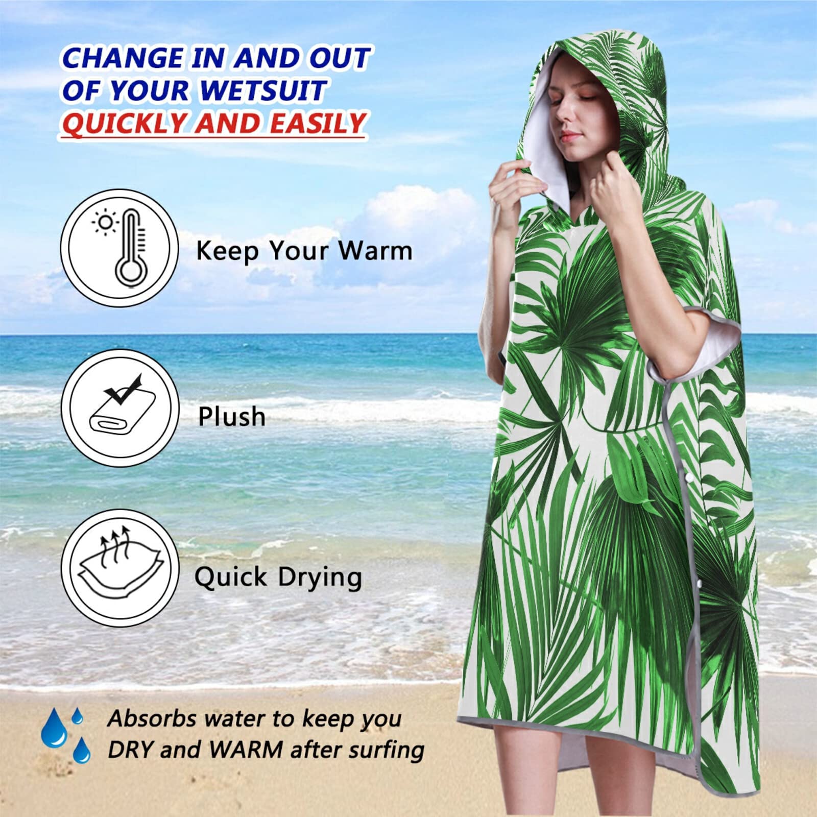 Poncho de surf avec capuche et poche - Séchage rapide - En microfibre - Pour le bain, la plage, l'extérieur
