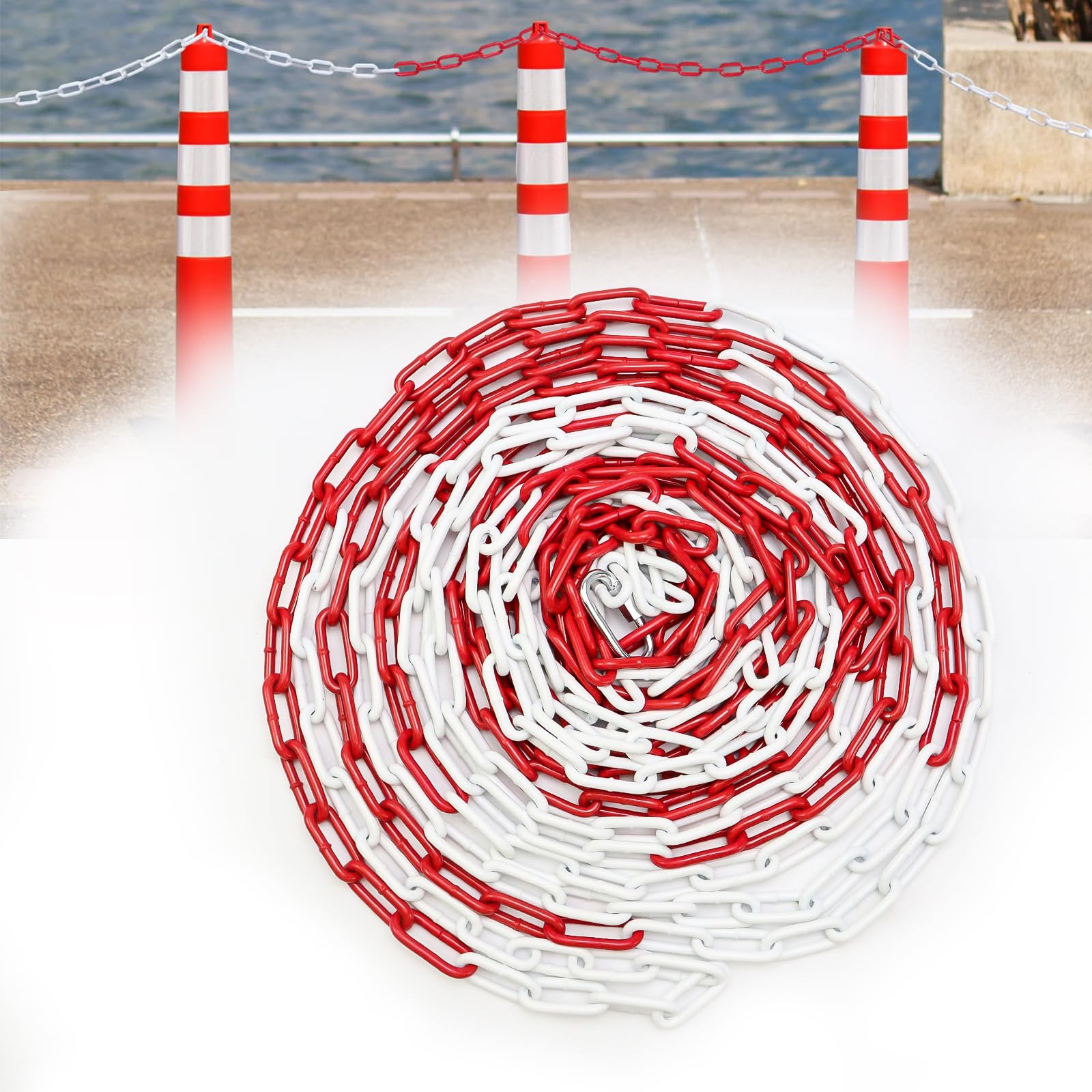 Absperrkette Stahlkette, 15M Rot Weiß Metall Warnkette Stahl Sicherheitskette 5mm Dicke mit Verbindungsschnalle, Gliederkette für Parkplätzen Baustellen Straßen (15 Meter)