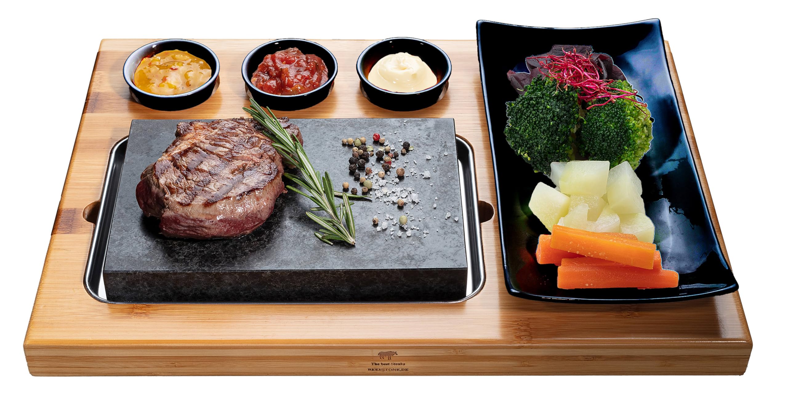 Heißer Stein Lavastein Steak-Brett Hot Stone Steingrill Set aus Bambusbrett Lavastone und Porzellan-Platte, Fleisch, Fisch grillen auf heißem Stein (Uno Black)