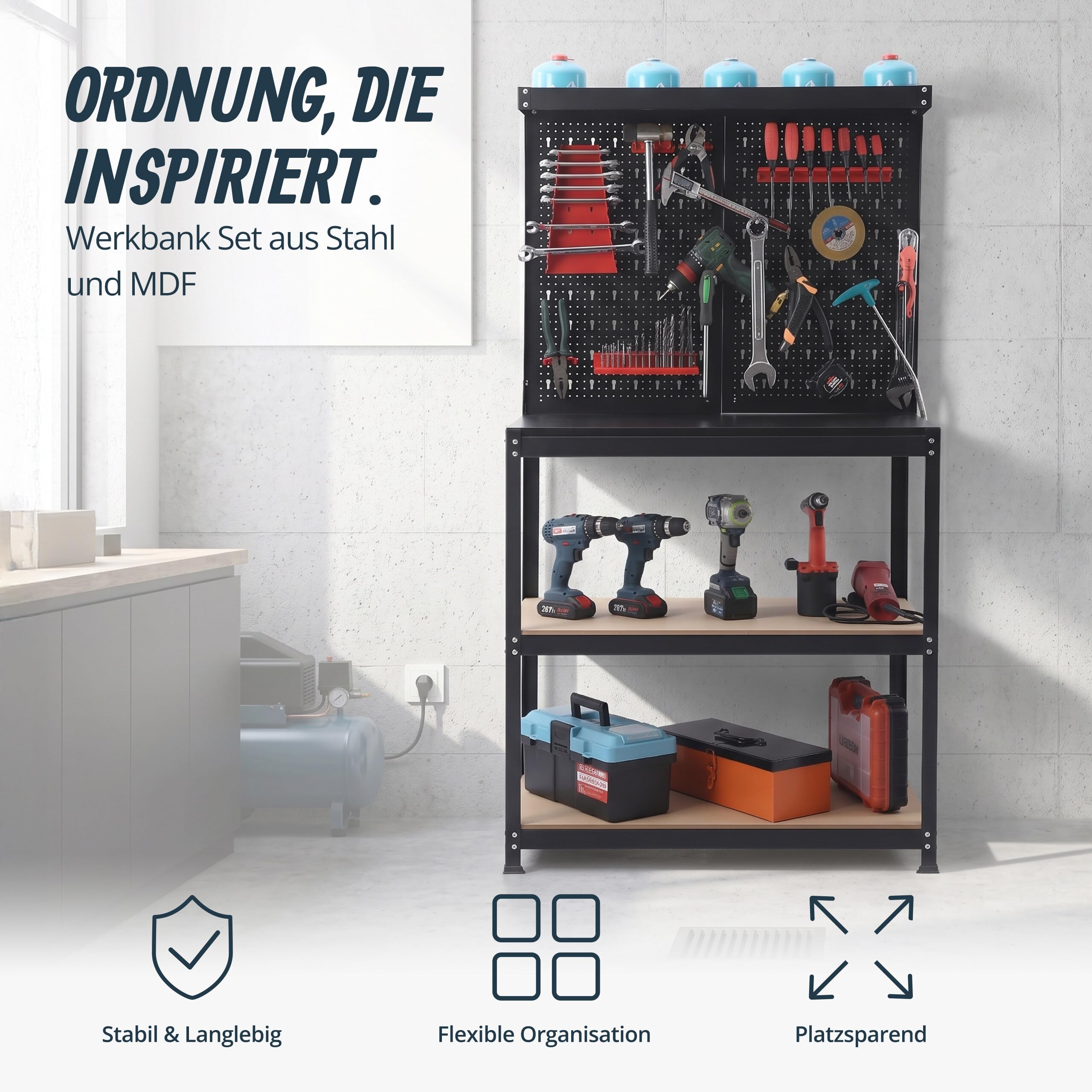 Relaxdays Werkbank, HBT: 155x80,5x41 cm, 3 Ebenen, mit Lochwand, Ablage & Zubehör, Stahl & MDF, Werkstattregal, schwarz