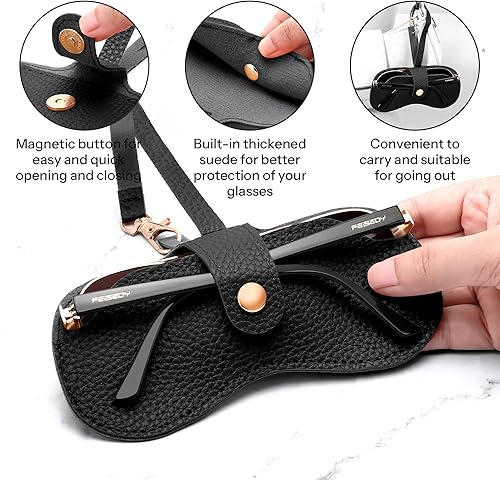 Miniatura 3 de FEISEDY Paquete de 2 fundas de cuero suave para lentes de sol, soporte delgado y portátil para gafas, correa de muñeca con cierre para viajes y