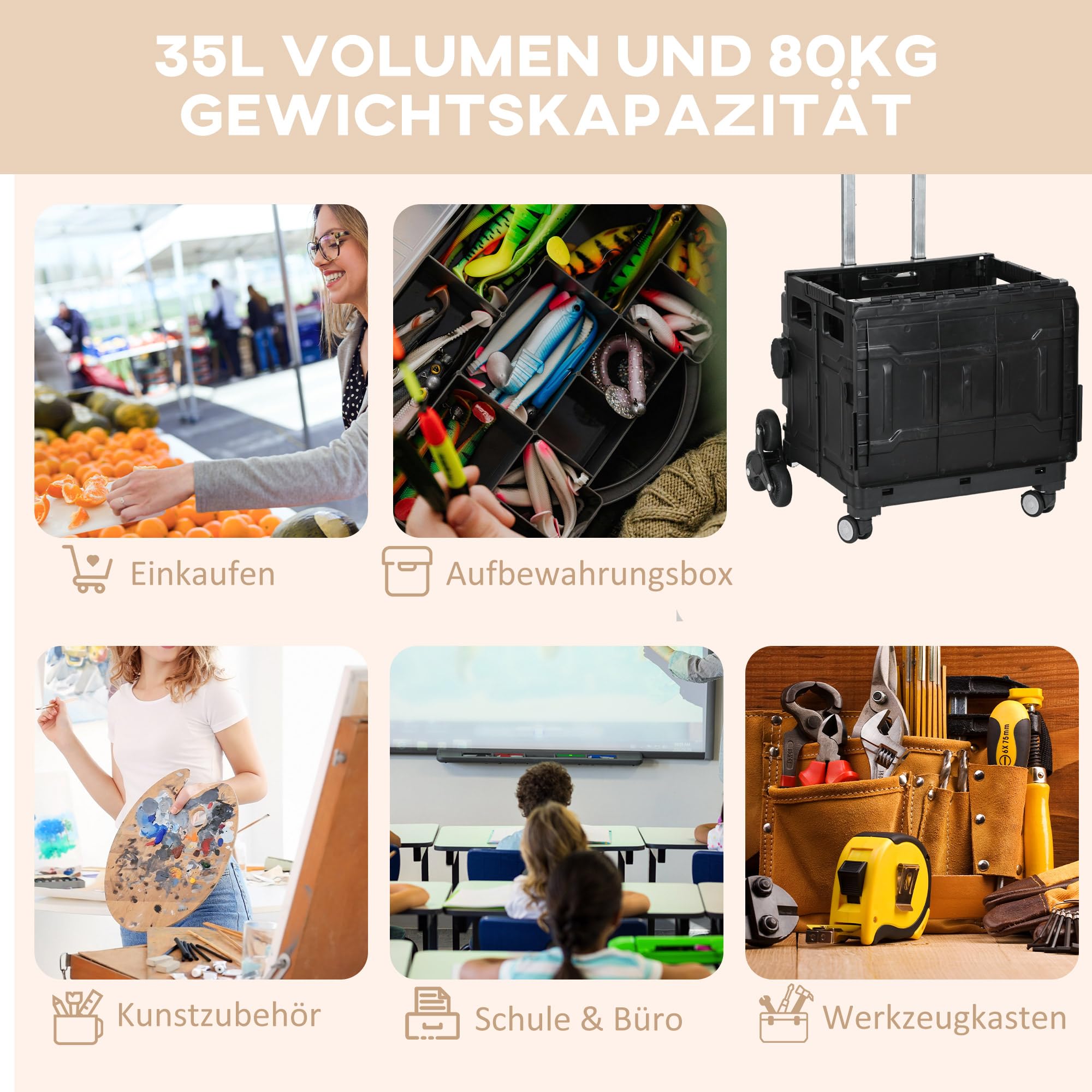 HOMCOM Wózek zakupowy składany, do schodów, 52x48x100 cm, czarny | Z kółkami, pokrywą, teleskopowym uchwytem, wózek na zakupy, do 80 kg, 51L kosz, z aluminium