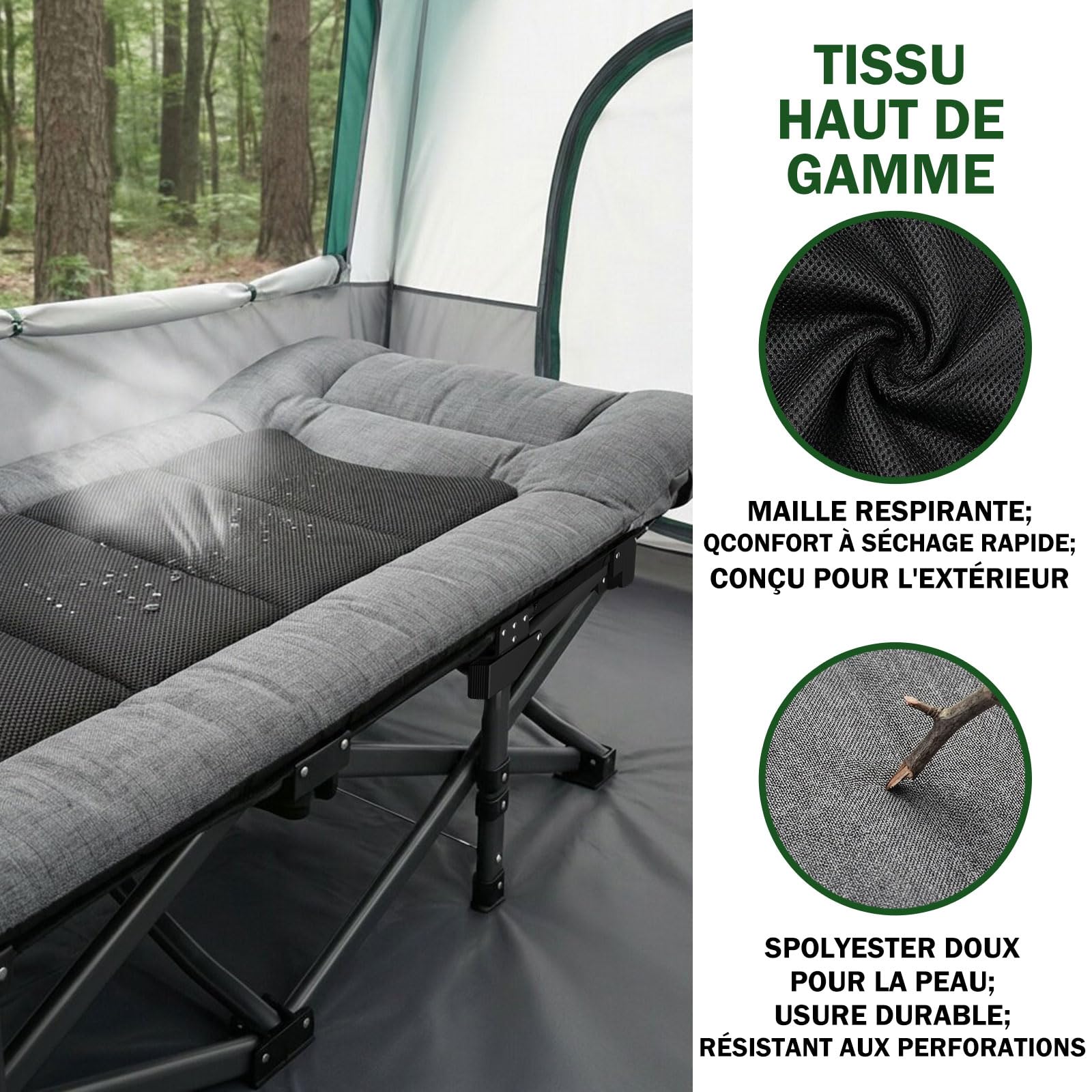 Lit de Camping Pliable pour Adultes avec Matelas, Lit de Sieste Portable Réglable, Charge Maximale 200kg – Inclut Sacoche de Transport, Gris