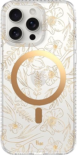 LONLI Hue - para iPhone 15 Pro [Compatible con Magsafe] - Funda de teléfono floral dorada - [Amortiguador de 360° absorbente de impactos] - Funda de