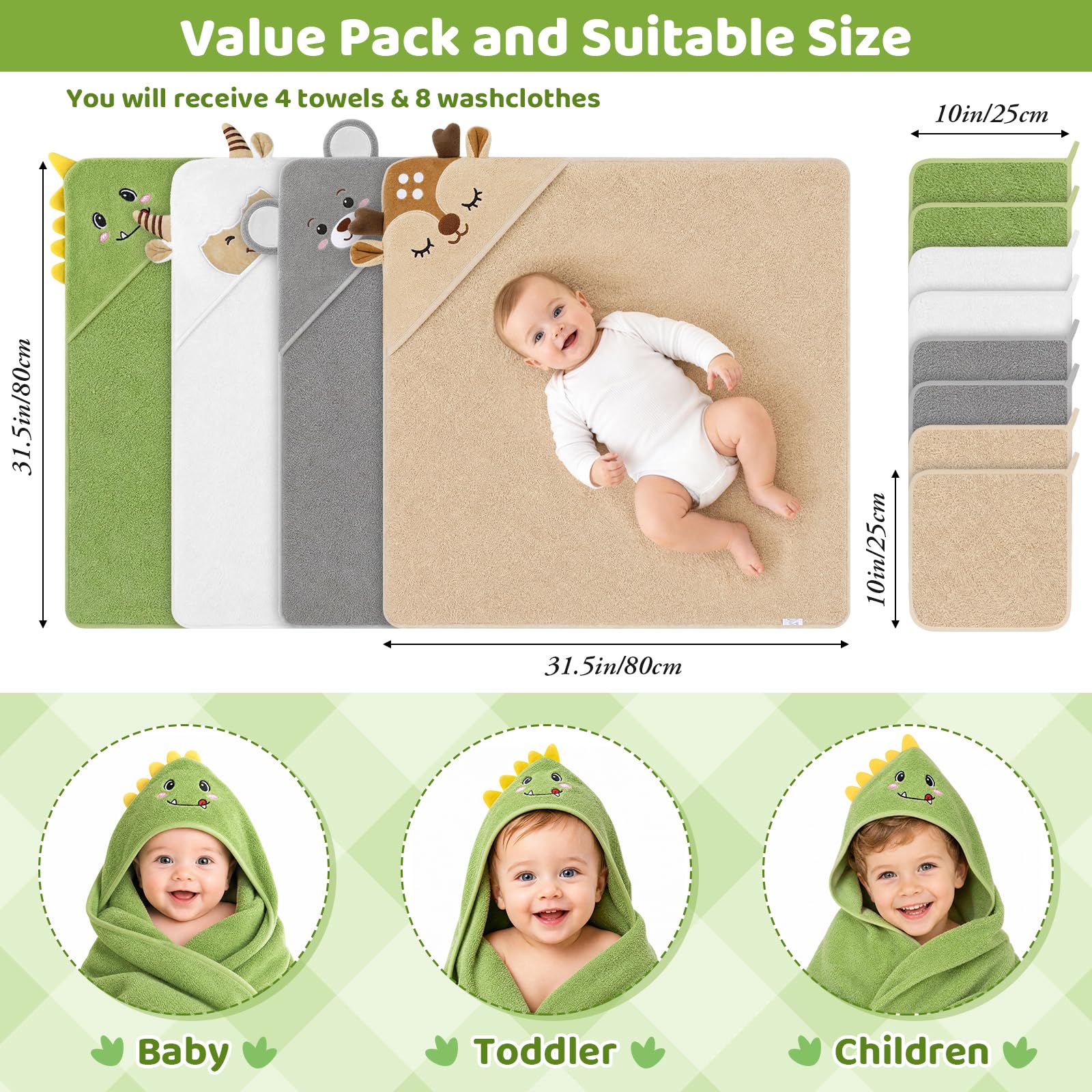 CandyHome 12 PCS Baby Bath Towels Set for Infants Toddlers Essentials view 2