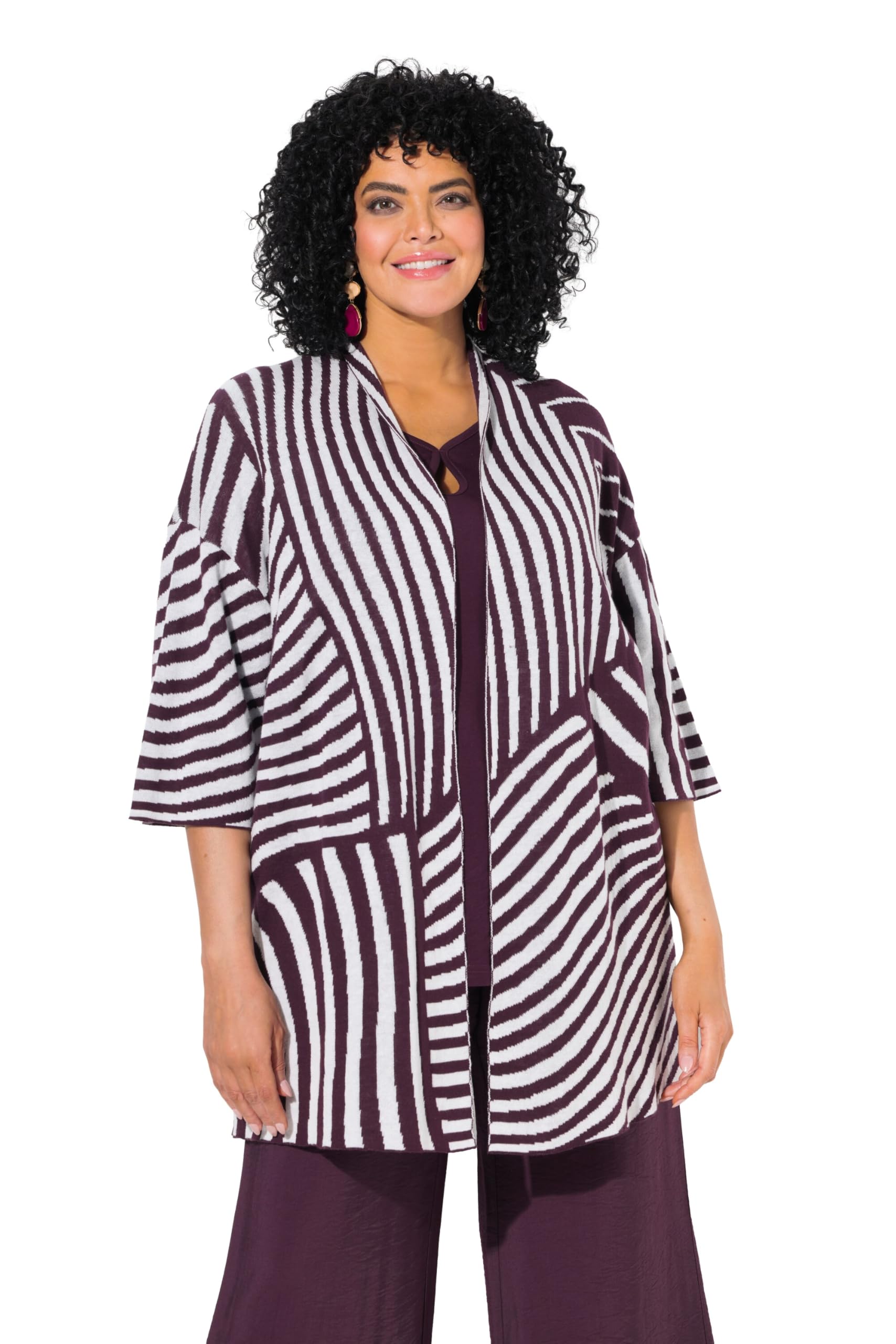 Ulla Popken Damen große Größen Übergrößen Plus Size Strickjacke, Jacquard-Feinstrick, Stehkragen, Halbarm 819727