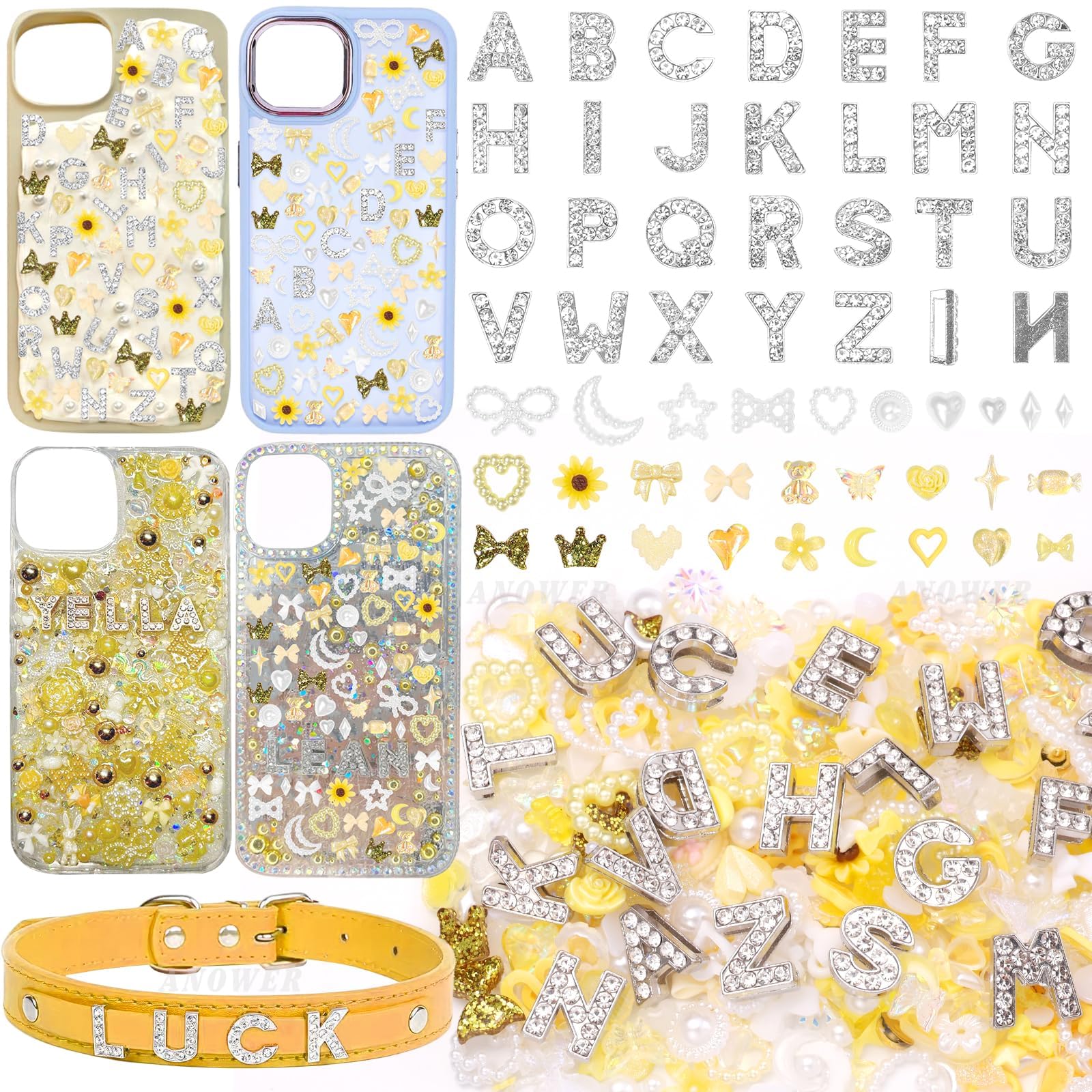 330Pcs Junk Phone Case Charms 26 Pcs A-Z Rhinestone Alphabet Letter Charms, Mix Yellow White Flatback Resin Flower Bows Heart Pearls for DIY Crafts