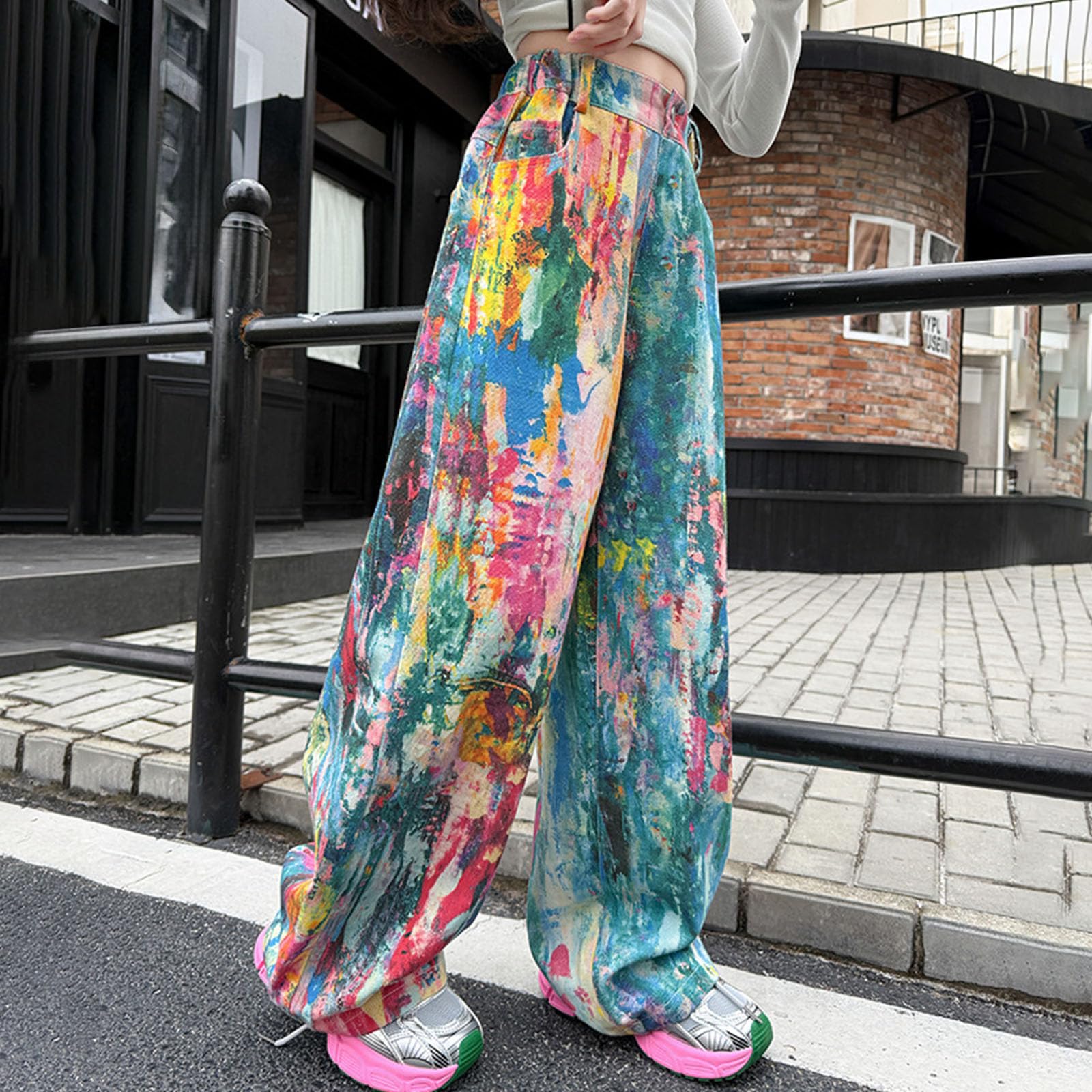 Pantalones Vaqueros Holgados para NiñAs, TeñIdo Tie-Dye Colorido Estilo, De Cintura Alta, De Pierna Ancha, Holgados, Estilo Streetwear, Vaqueros De Mezclilla, Ropa Hip Hop, para Adolescentes