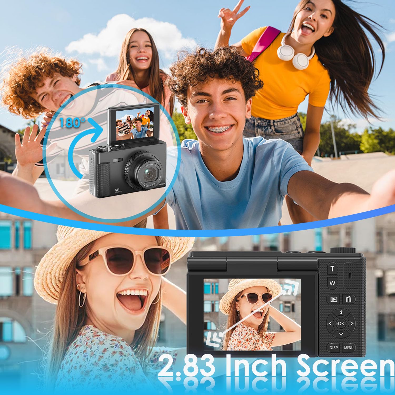 Cámara digital, UHD de 5 K de 75 MP con tarjeta Micro SD de 64 GB, pantalla giratoria de 180 ° de 2,83 pulgadas, Zoom 18X, Anti-Shake, cámara compacta para niños adultos principiantes (Negro)