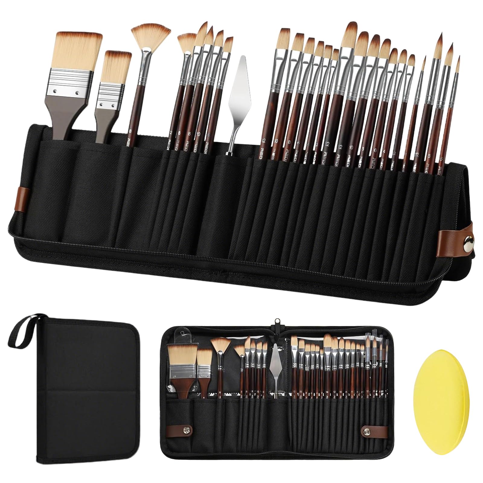 Künstlerpinsel-Set mit selbststehender Pop-Up-Tragetasche, professionelle Nylon-Acryl-Pinsel für Öl, Aquarell, Leinwand, kein Ausfallen, mit Kupferhülsen, 25 Pinsel und 1 Palettenmesser, 26-teiliges
