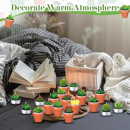 Miniatura 6 de Juego de 24 velas de cactus suculentos con mini soportes de arcilla de terracota, tarjetas de agradecimiento y bolsas de organza para regalos de