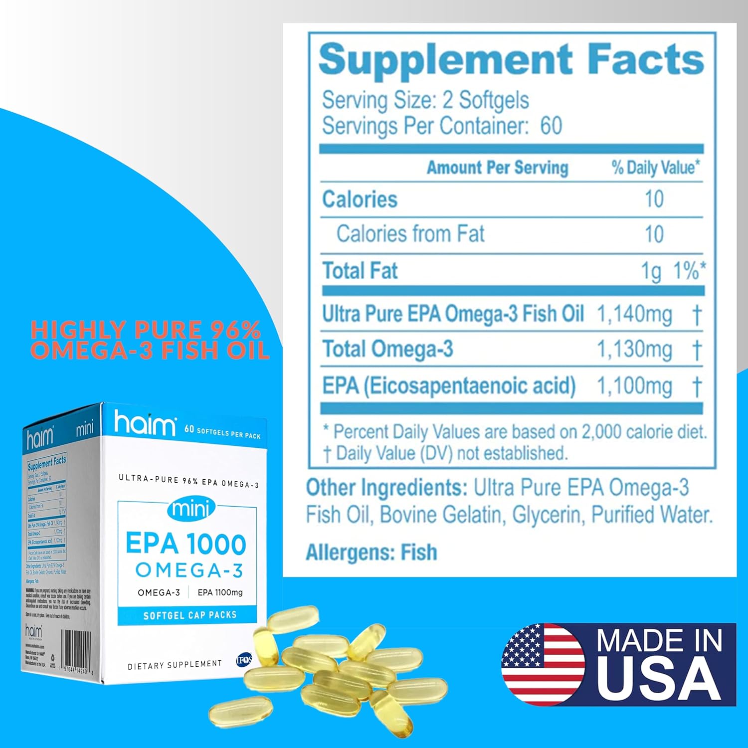 HAIM EPA1000 MINI – Pure EPA Fish Oil Supplement – 1,000mg Omega-3 for Heart, Brain & Joint Health – High Potency, Burpless Softgels – Small, Easy-to-Swallow Capsules – 60 Softgels – Made in USA