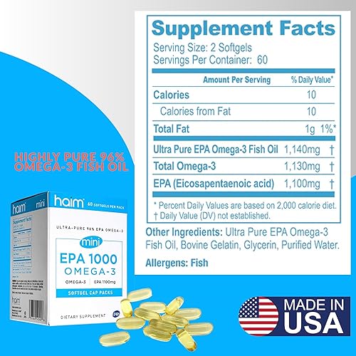 Miniatura 5 de HAIM EPA1000 Mini Omega-3 Fish oi Supplement, 96% EPA, 1100mg de EPA por porción, 2 cápsulas por porción