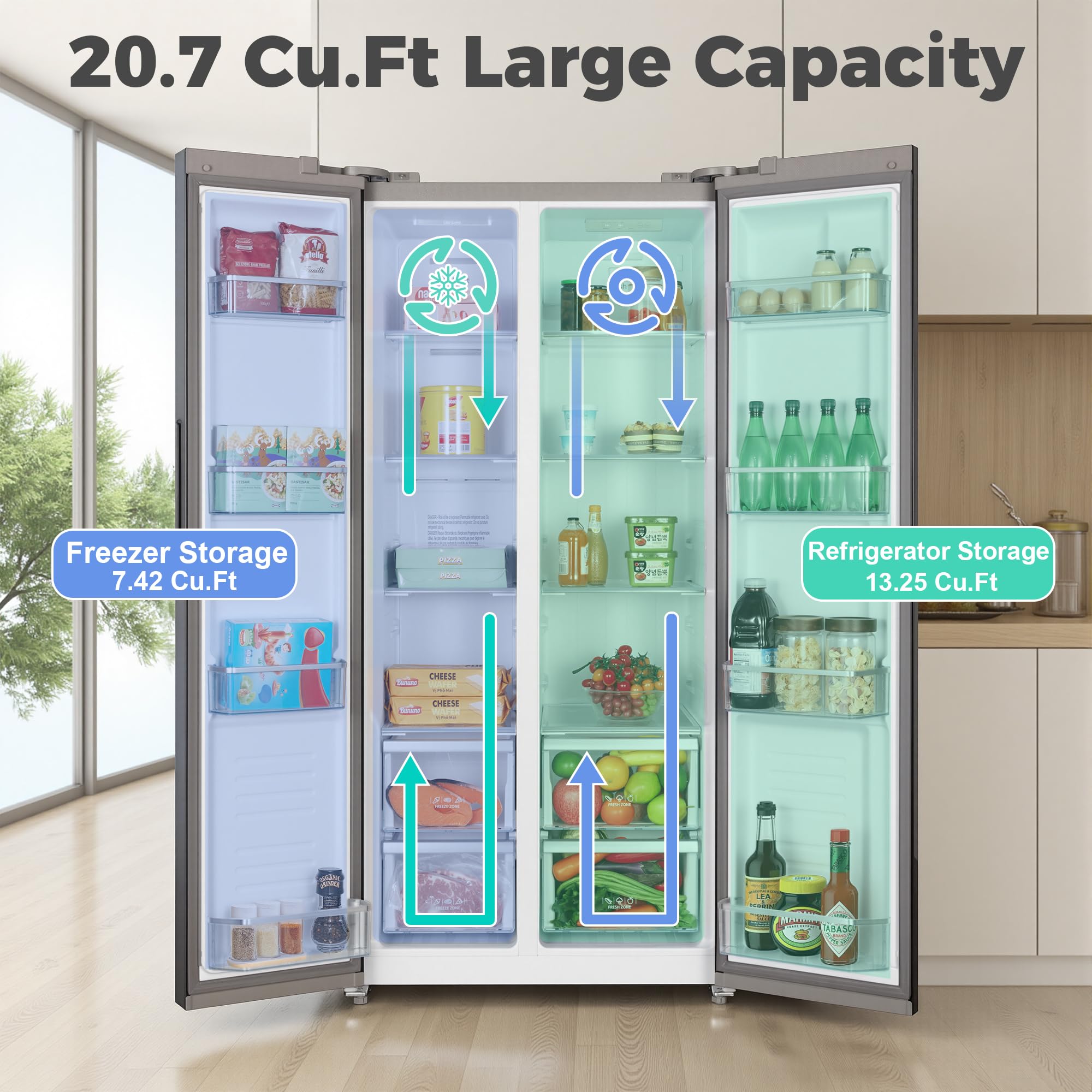Iceblue 20.7 Cu.Ft. Side-By-Side Refrigerators, 36" Full Size Refrigerator, Zoning Temperature Control Beverage Refrigerator With Freezer, Frost Free Beverage Fridge - Black Stainless Steel on Fridge.com - View 2