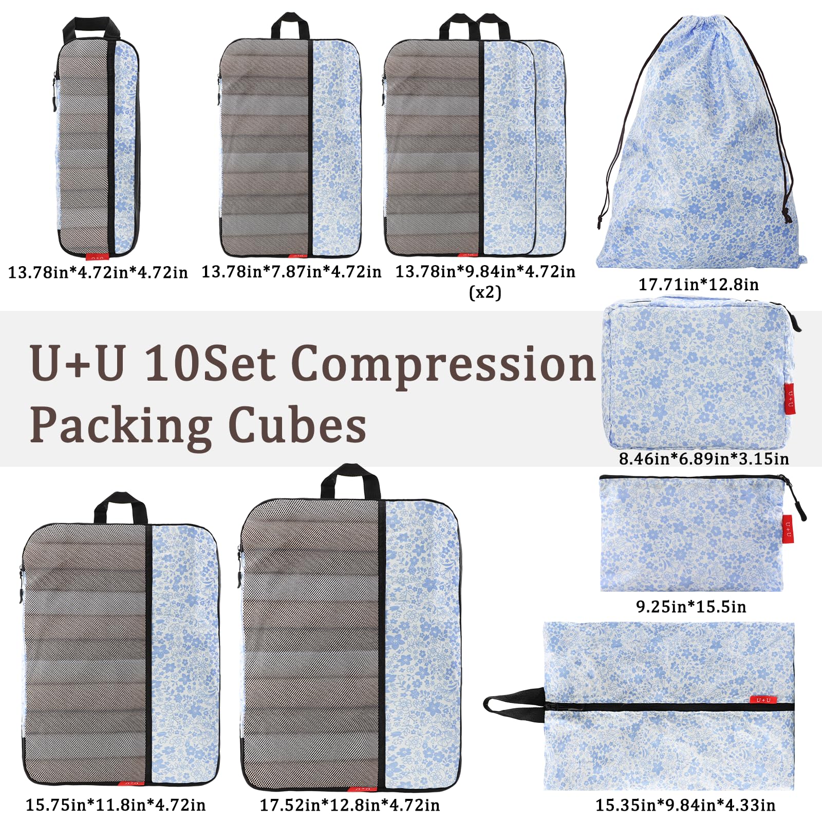 U+U Set di 10 cubi per imballaggio a compressione, organizer da viaggio (fiore blu) | Set da viaggio completo salvaspazio