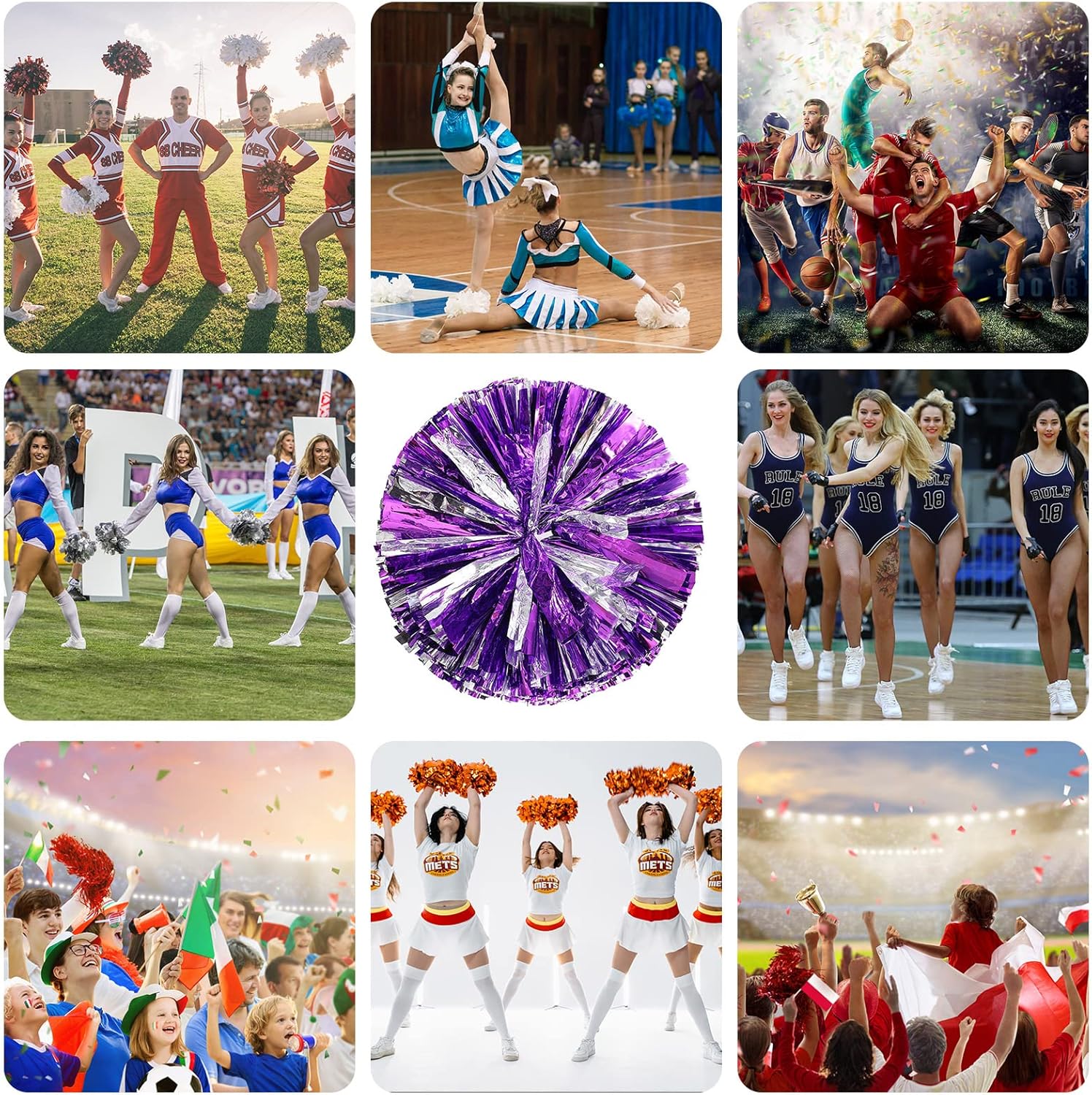 Cheerleading Poms,8 PCS Cheerleader Pompoms Hand Flowers, Premium Cheerleader Pompoms for Children Adults Sports Competition Holiday Celebration (Purple+Silver)