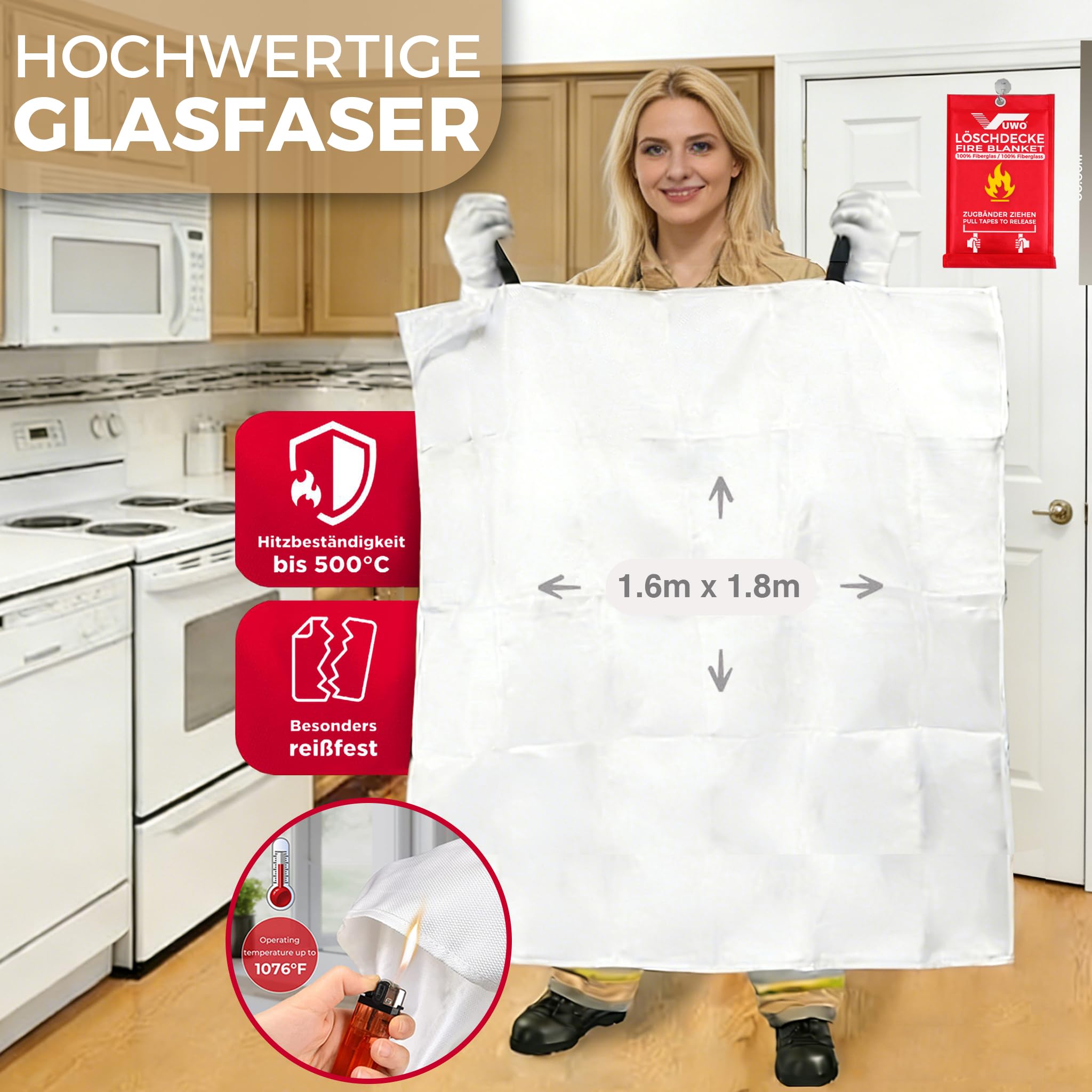 Couverture Anti Feu en Fibre - 1 Paquet Couverture Anti-Feu de Survie de Verre d'urgence pour Protection Ignifuge et la l'Isolation Thermique Applicable à Cuisine Camping Barbecue(1.6m x1.8m)