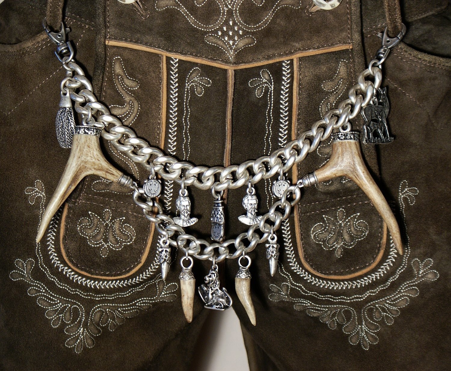 Charivari echt versilbert Kette zweireihig Tracht Hirschhorn Hirsch Reh Horn Trachtenkette für Lederhose hochwertige Qualität Unikat Herren Damen Handarbeit Made in Austria