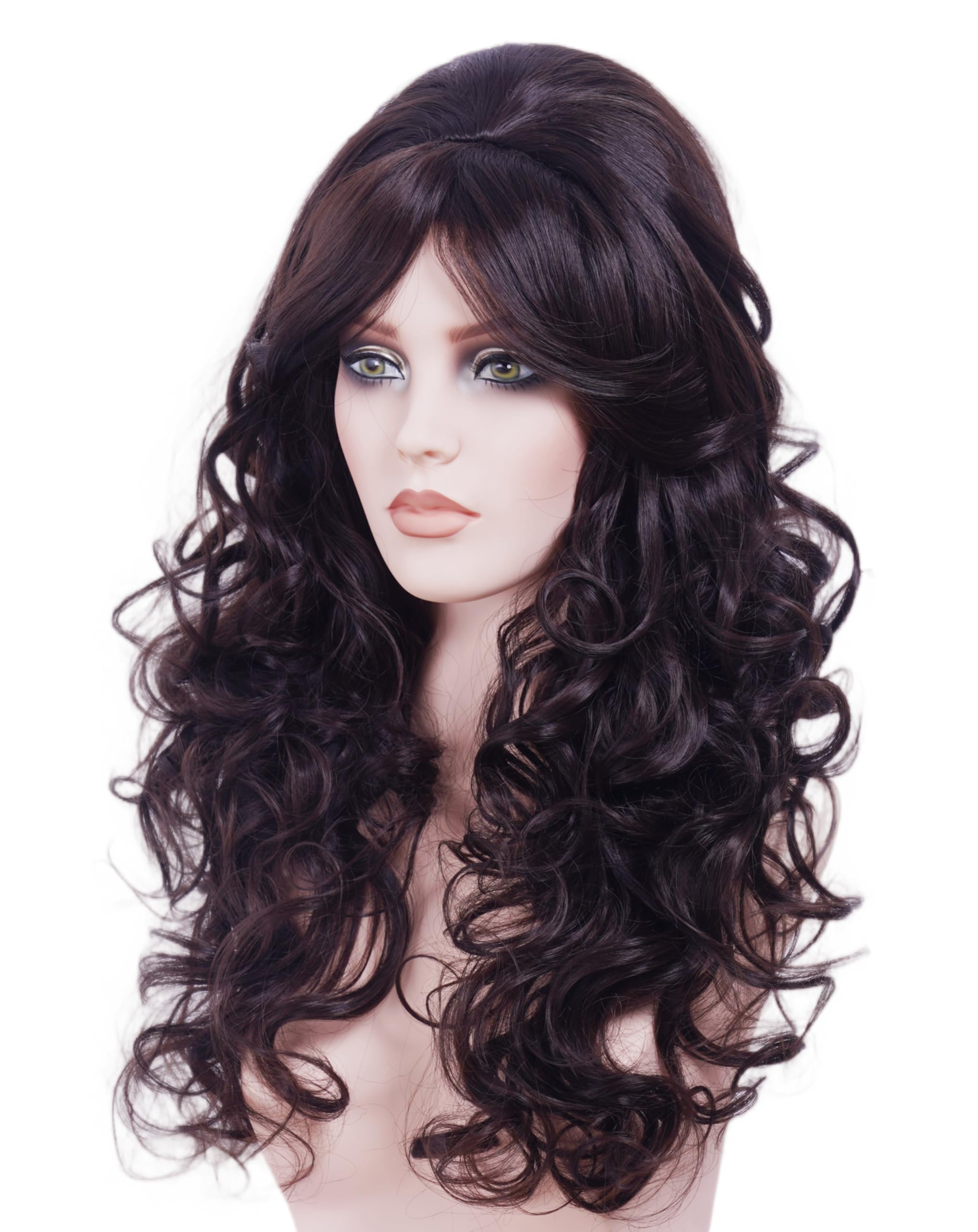 NJJYXH 22 Inches Retro Beehive Dark Brown Wigs for Women Long Wavy Wig with Bangs Synthetic Natural Wig for 60s 70s 80s Cosplay,Halloween,Daily Use