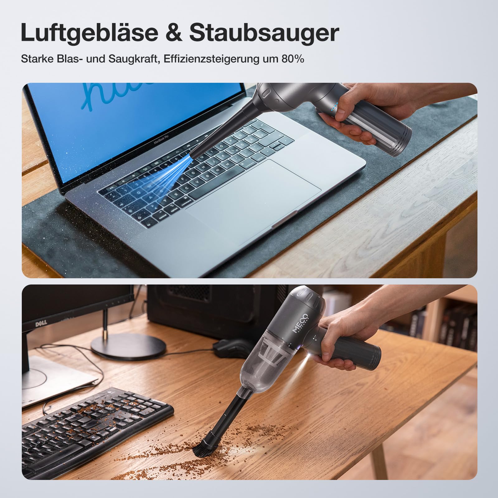 MECO ELEVERDE 4-in-1 Handstaubsauger Akku, Elektrische Staubgebläse 130000U/min 3-Gang Auto Staubsauger mit Bürstenloser Motor und LED-Licht, Tastatursauger Druckluftspray für PC, Sofa, Auto, Grau