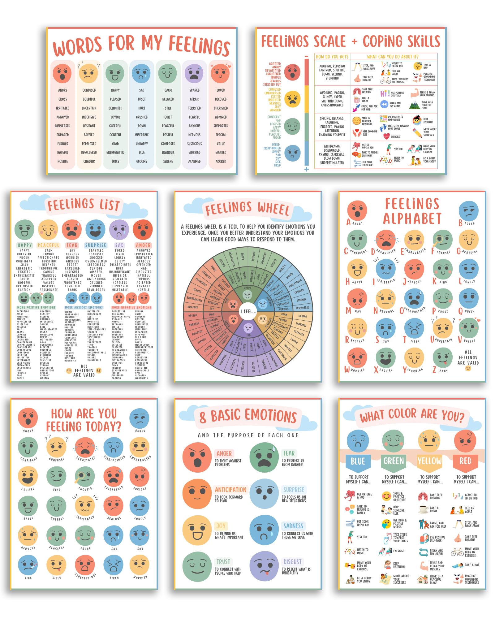 Emotions and Feelings Posters for Kids – Set of 8 SEL Classroom Charts with Feelings Wheel, Emotion Words, Coping Skills, Mindfulness & Calming Corner Wall Art for Emotional Regulation