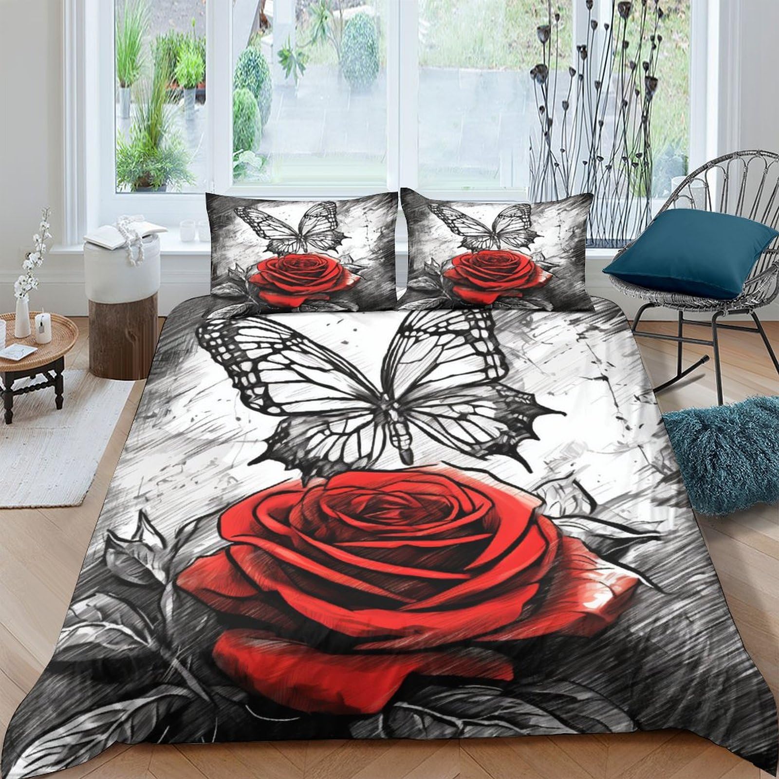 Funda nórdica de rosa roja King 3D con cremallera y fundas de almohada de microfibra