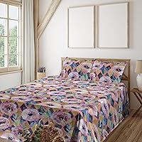 Vista 12 de Ambesonne Forest Sheet Set, Fantasy Jungle Floral Ornaments and Leaves Exotic Print Artwork, Fitted and Flat Sheet with Pillowcases Bedding Accent 4