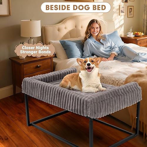 Miniatura 2 de Cama ajustable para perros grandes, cama elevada para perros con marco de metal, colchón de espuma viscoelástica y funda de pana lavable, cama de