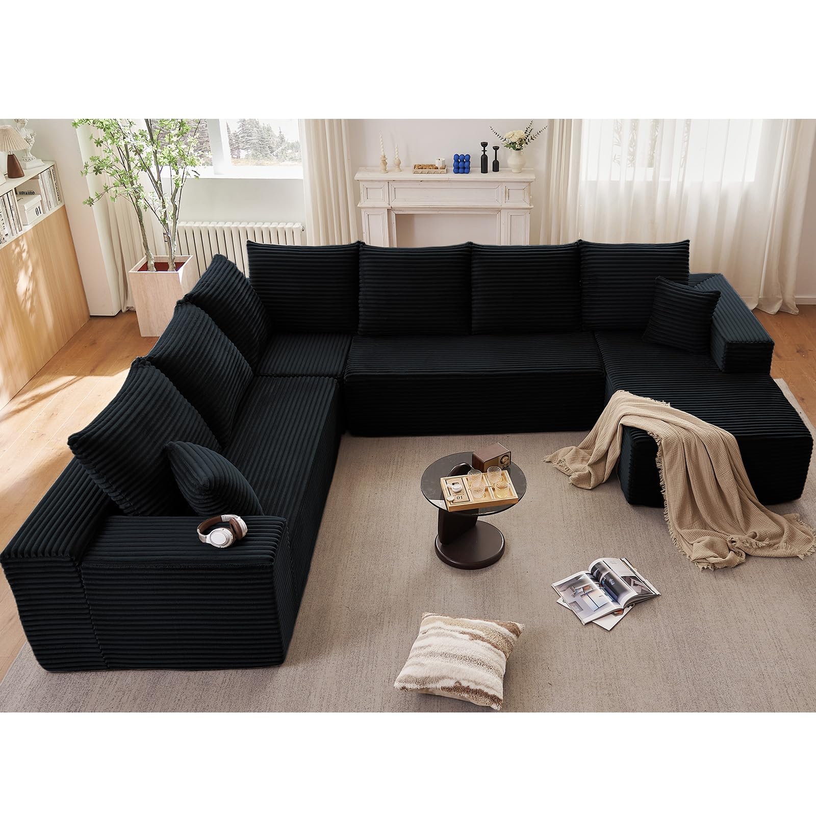 Sectional Cloud Couch with L-Shape Chaise, Modern Modular Comfy Sofa with Deep Seat, Upholstered Corduroy Couches Stupendous U Shaped Sofas for Living Room Bedroom, No Assembly Required, Black