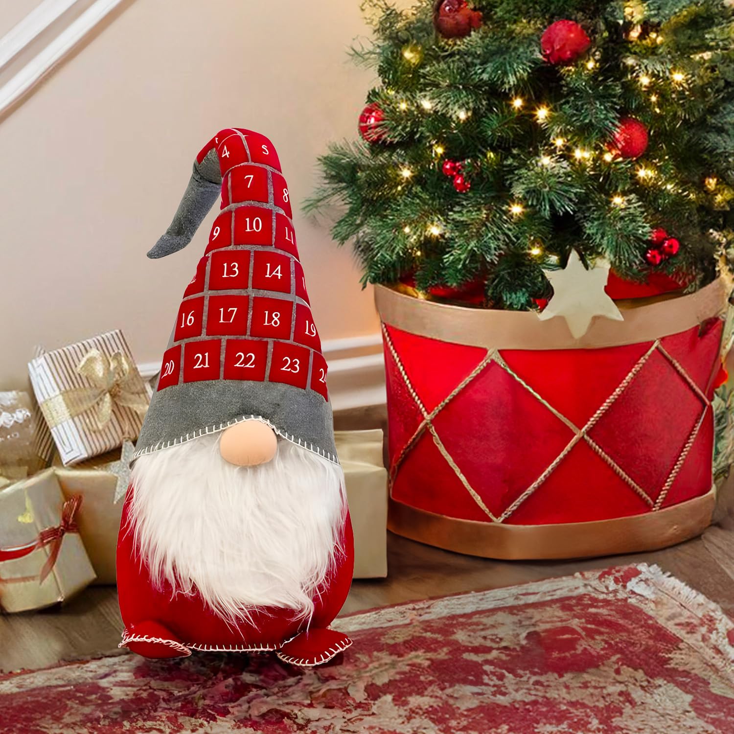 Avilia Gnomo di Natale Rosso con Cappello Calendario dell'Avvento 29x95cm - Ideale Come Decorazione Natalizia per Casa o Ufficio e Contare i Giorni Mancanti a Natale - Materiali Resistenti e Durevoli