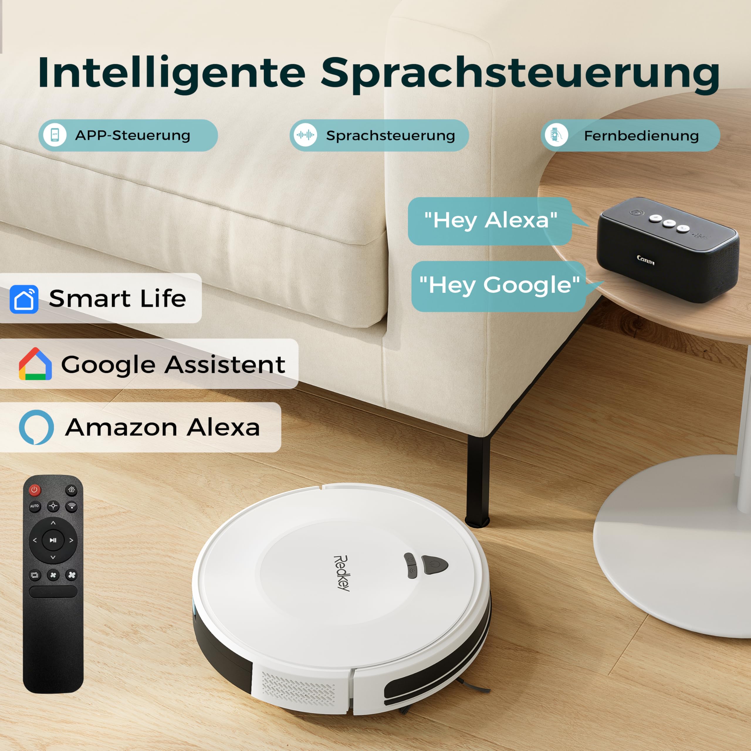 Redkey E6 robot odkurzający o sile ssącej 3800 Pa, dynamiczna nawigacja, czas pracy do 140 min, odkurzacz automatyczny ze stacją ładującą, pilotem zdalnego sterowania i aplikacją, idealny do sierści