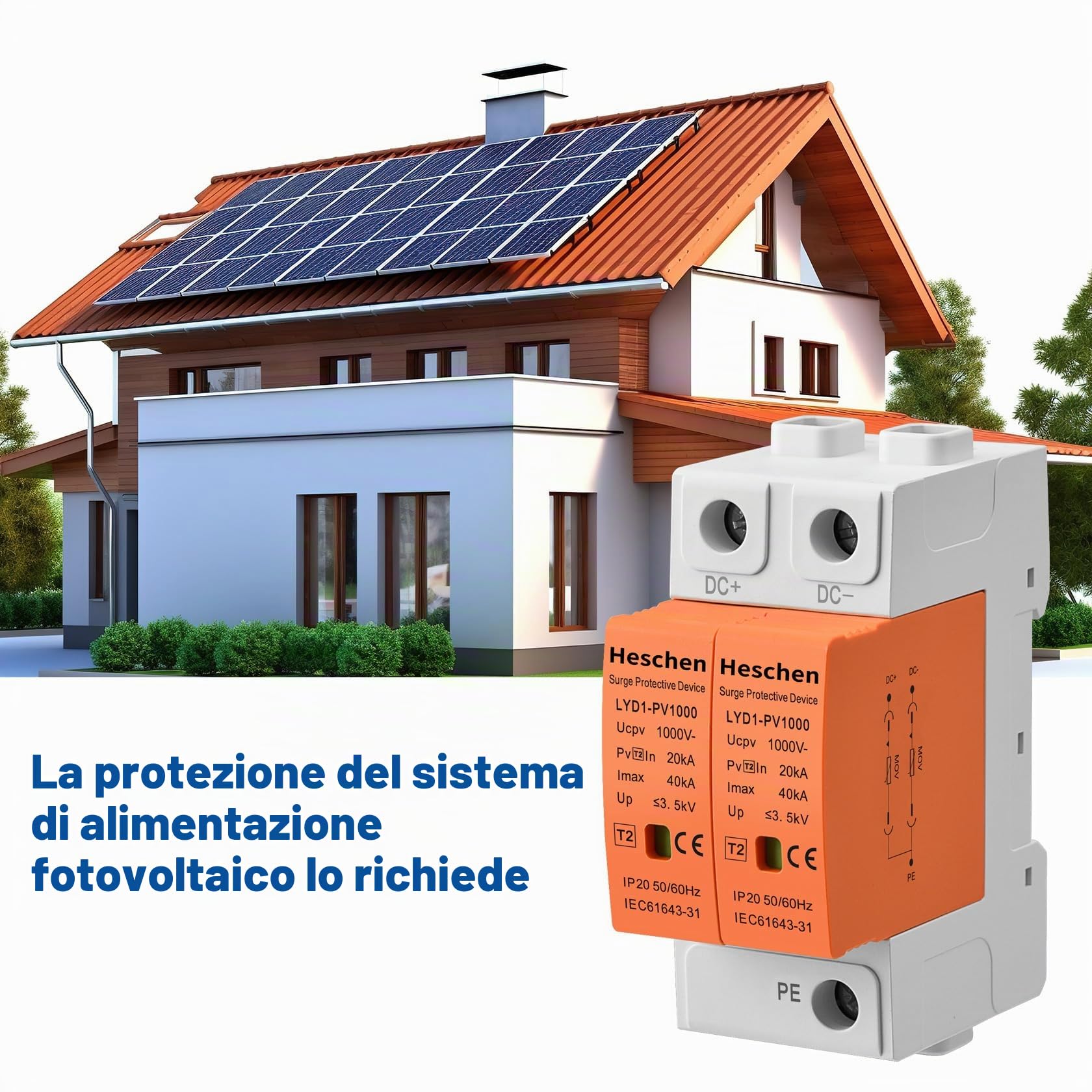 Heschen 1 Pezzi Protezione Sovratensione PV 1000VDC 2P, Scaricatore Fotovoltaico SPD 20kA/40kA Tipo 2, Protezione Fulmini Guida DIN 35mm