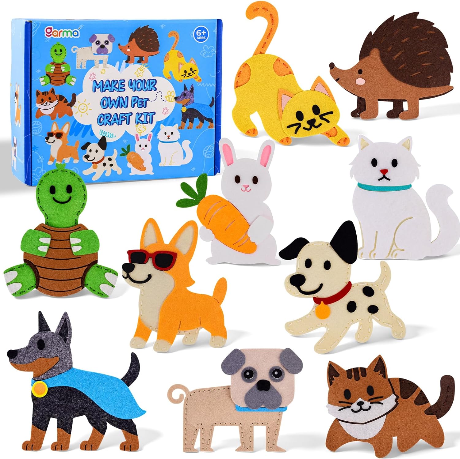 Garma Animal Sewing Kit for Kids - 14 in 1 Kids Sewing Crafts Kit for Beginners - Mini Sewing Kits for Kid 5-8 8-12 - Easy Sew Your Own Felt Animals DIY Craft Set for Boys & Girls Birthday