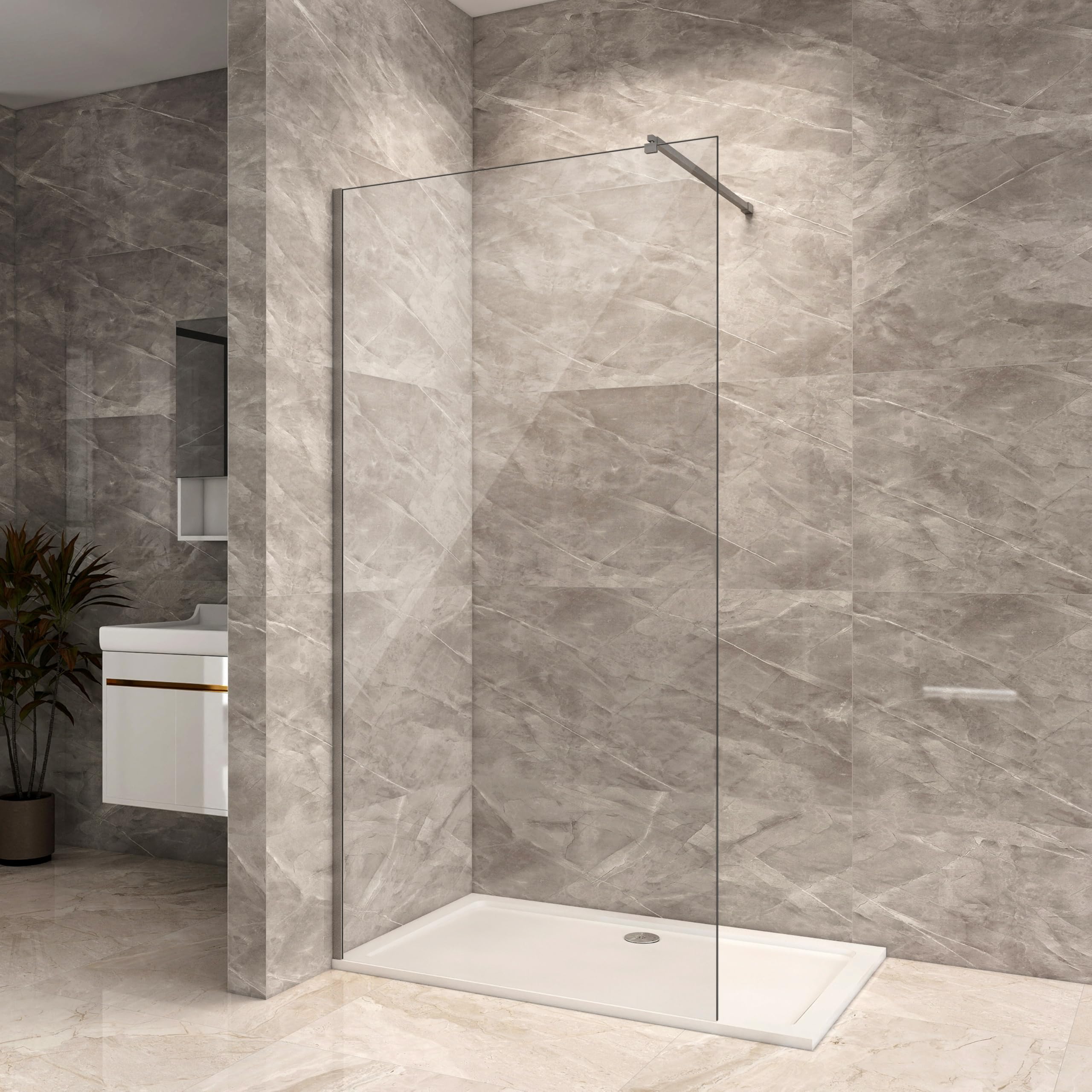 900mm Walk in Shower Enclosure, with 1200x700mm Shower Tray, 8mm Toughened Safety Glass Screen with Adjustable Bar, Easy Clean WetRoom Shower Panel for Bathroom Cubicles,Walk-in Glass Panel(Chrome)