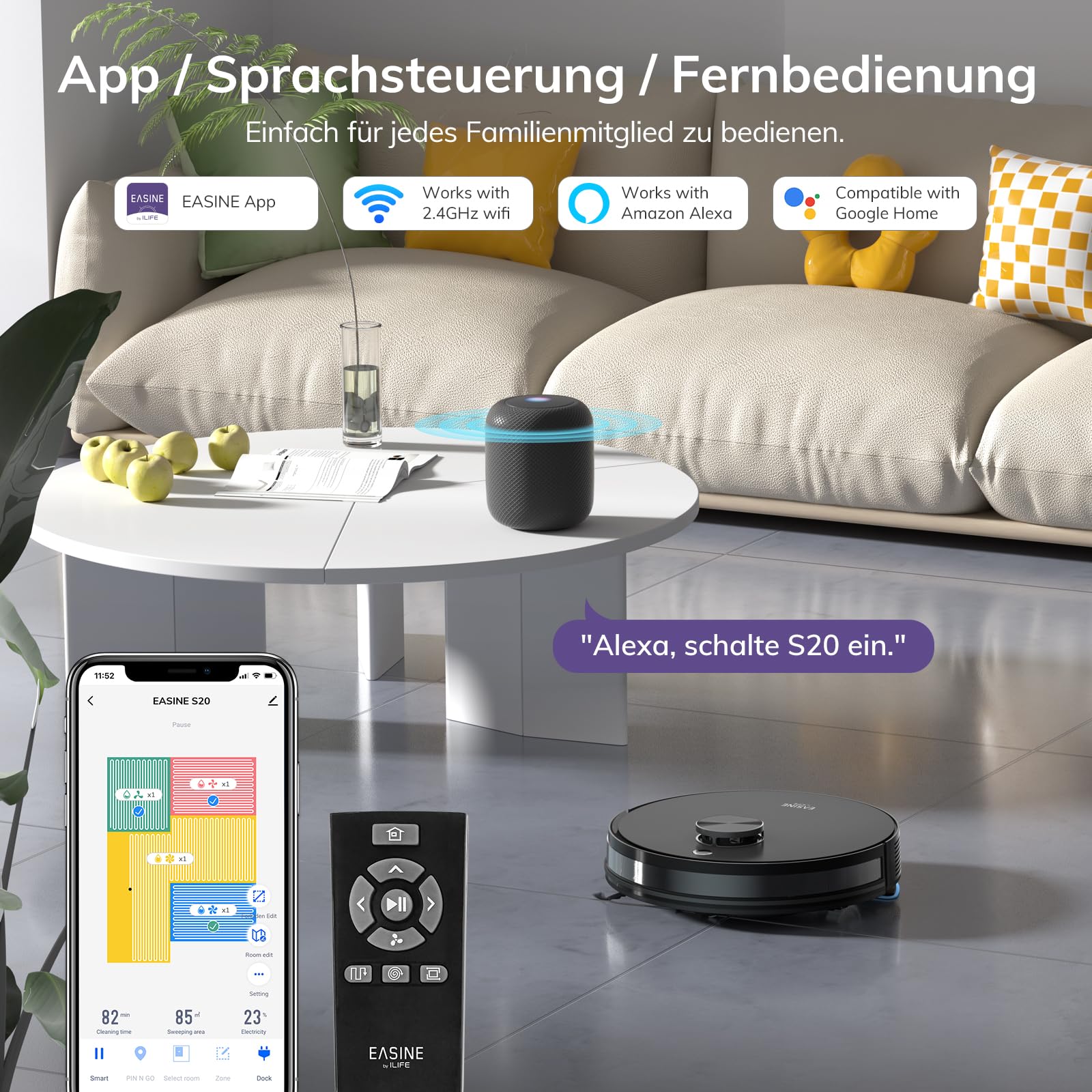 Saugroboter mit Wischfunktion, Automatische Absaugstation, Lasernavigation, No-Go-Zonen, 5000Pa, 5* 2.5L Staubbeutel,180Mins, App, Staubsauger Roboter Für Hartböden, Teppiche und Tierhaare, S20