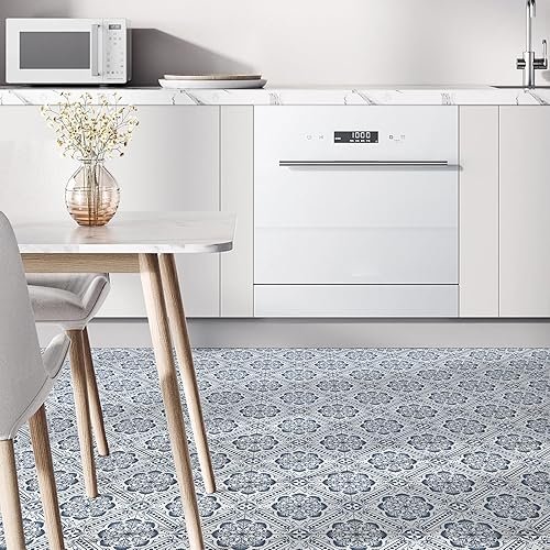 Miniatura 5 de Elffloor Azulejo de suelo autoadhesivo: 10 piezas autoadhesivas, impermeables, 11.8 x 11.8 pulgadas, diseño retro de flores azules para baño,