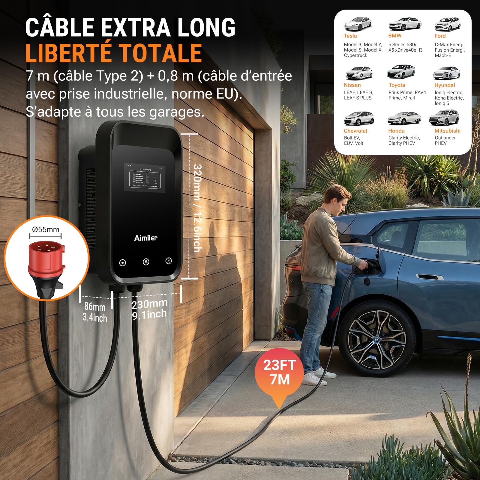 AIMILER Borne de Recharge 11kW Triphasé avec APP, Wallbox 11kW Type 2 Câble 7M, LCD 4.3", IP66, RCBO Type A 30mA+6mA DC, CE+TÜV, Minuterie & Départ Différé, pour Véhicules Électriques (BEV/PHEV)