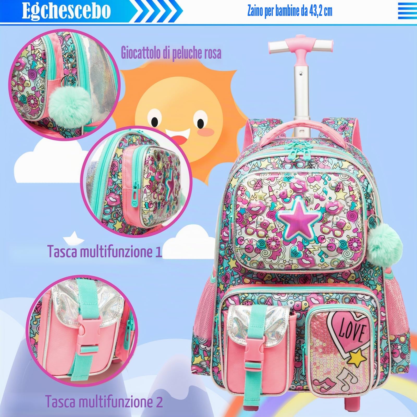 Zaino Trolley Elementare Bambina Ruote Regoli da 17” Viaggio Carrello