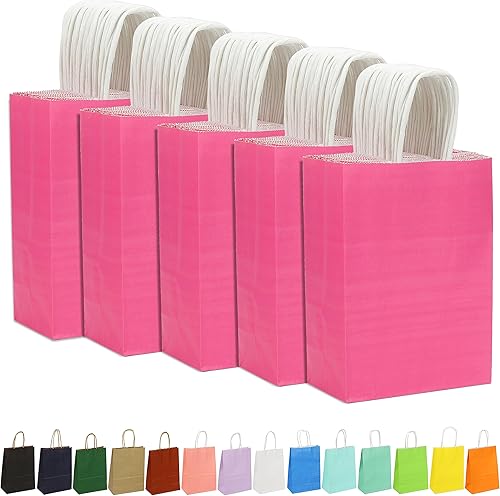 AMAZING TIME Paquete de 150 bolsas de papel kraft de 5.25 x 3.25 x 8.25 pulgadas, bolsas de regalo con asas, tamaño pequeño a granel para