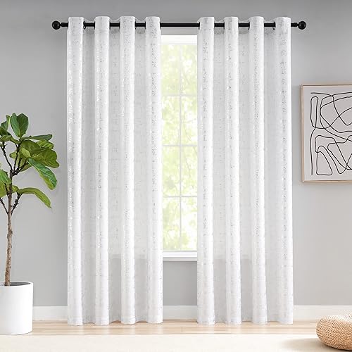 Miniatura 3 de Taisier Home Cortinas texturizadas de lino con estampado de lámina plateada, diseño de puntos geométricos, cortinas para dormitorio, sala de estar,