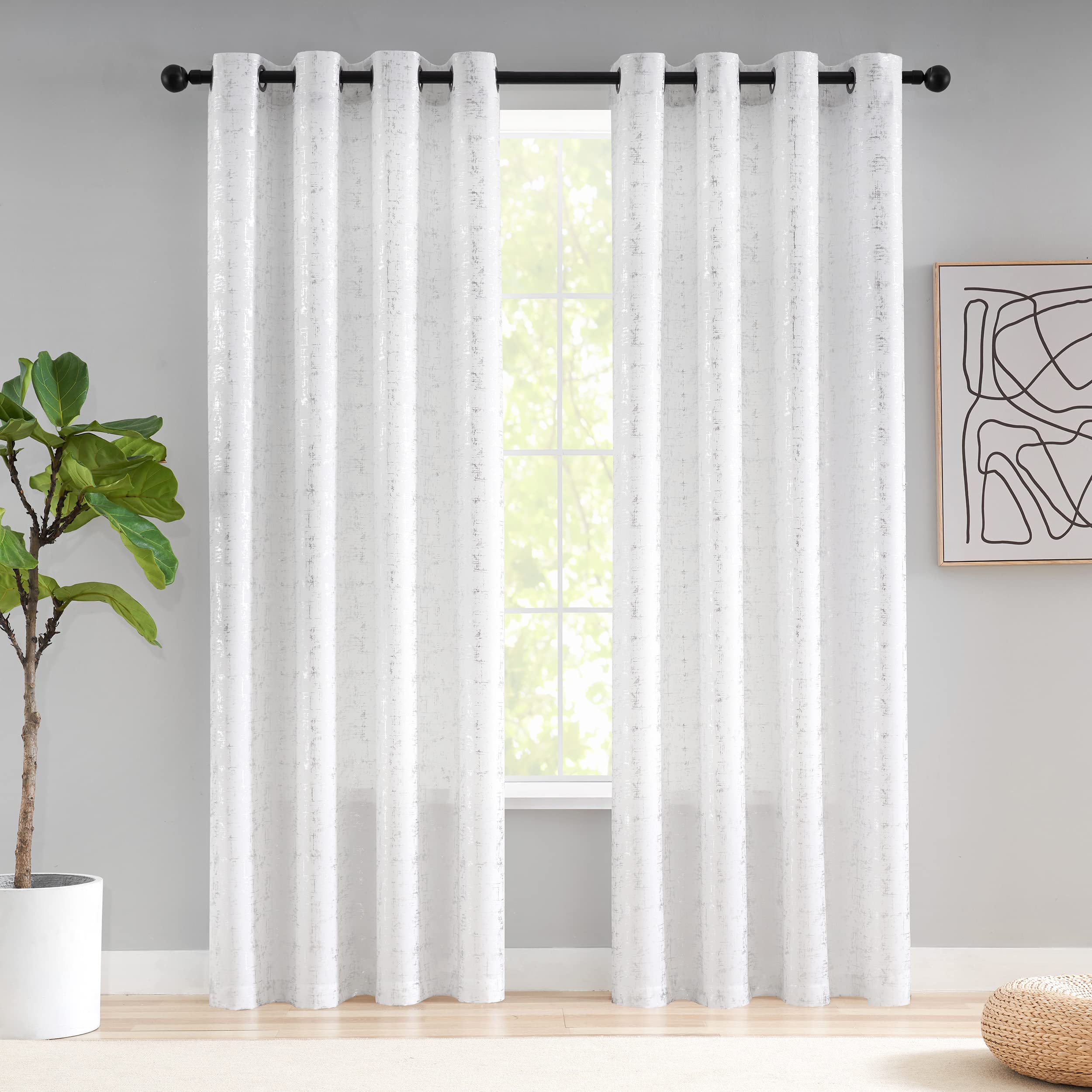 Taisier Home Silver Foil Print Linen Textured Curtains - Geometric Dots Pattern Design for Nursery, Toy Room - Thermal Insulated Window Treatment, 2 Panels, 63