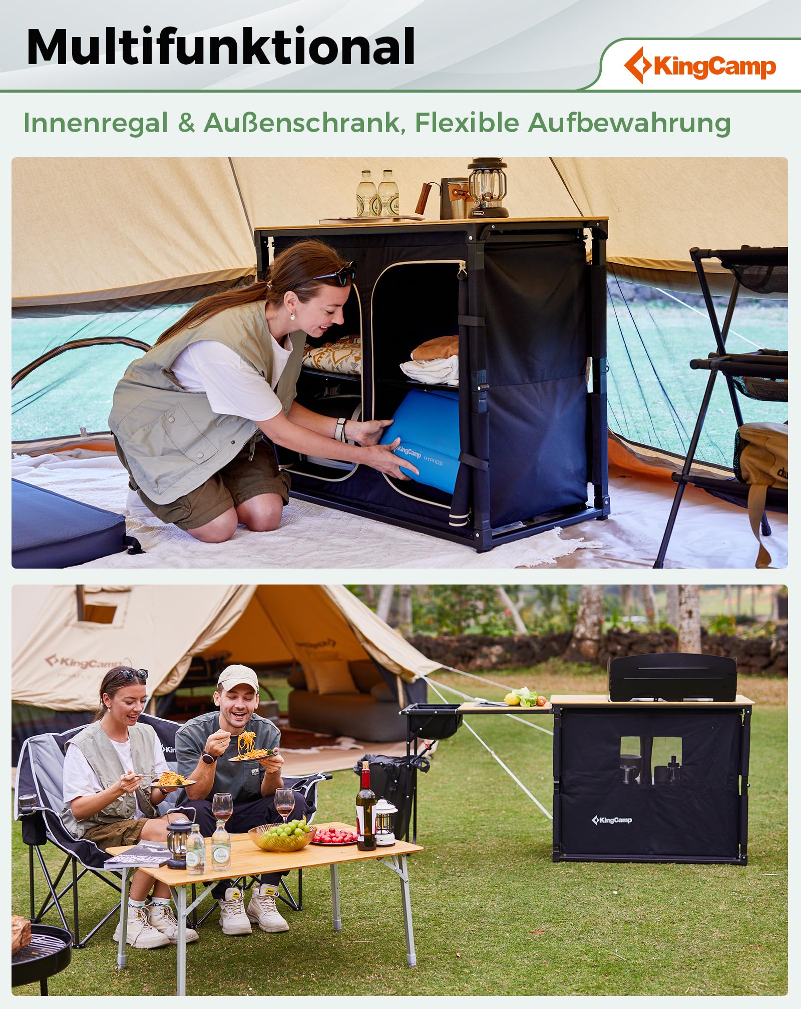 KingCamp Campingküche faltbar mit Spüle, Campingschrank Bambus,Outdoor Küche Klappbar mit Stauraum, Windschutz&Lampenhalter,Stabiler Aluminiumrahmen,Reiseküche,Camping Möbel für BBQ Picknicks