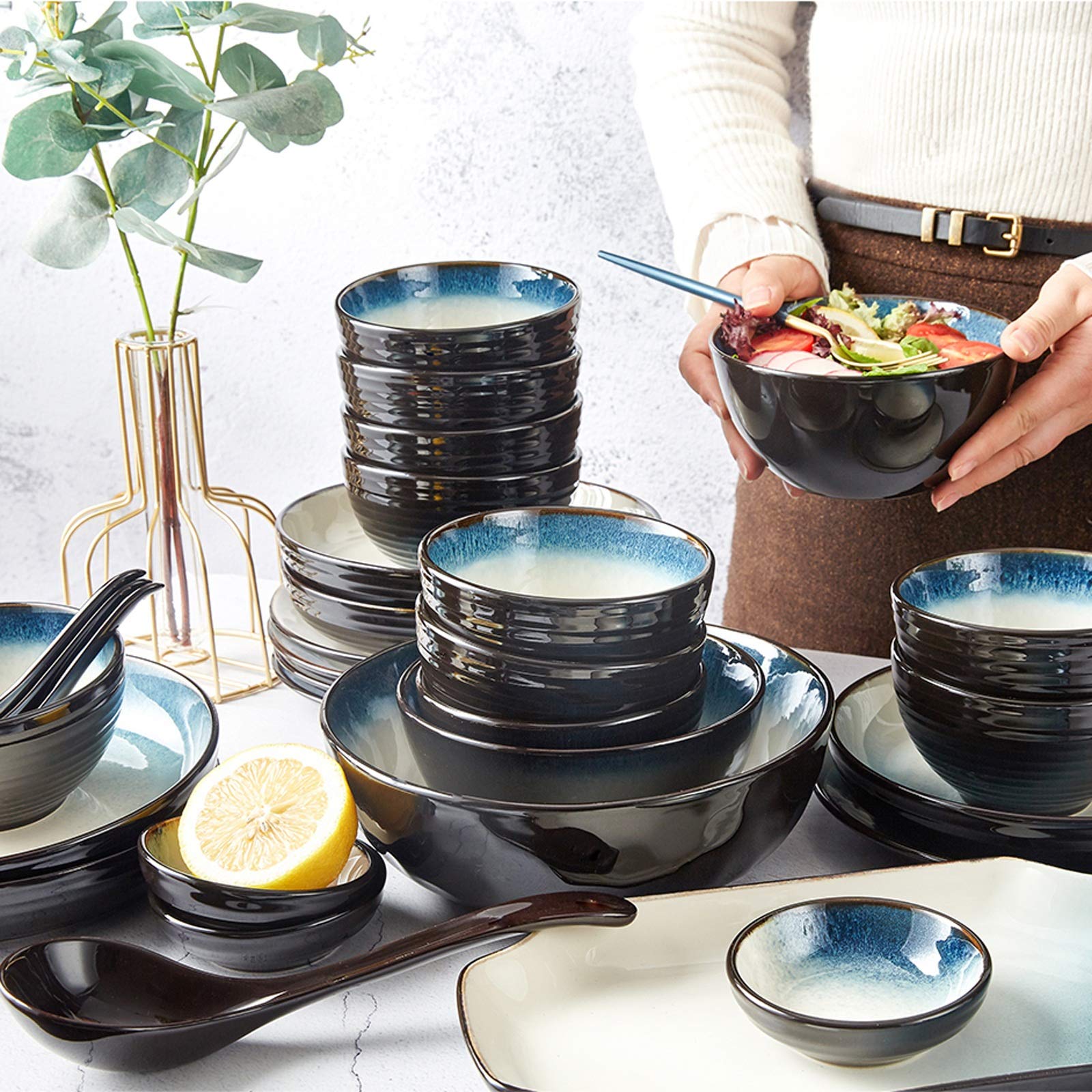 Talerz obiadowy Talerz obiadowy Naczynia Zestaw obiadowy - 28-częściowy zestaw talerzy i misek ceramicznych na 6 osób, eleganckie zestawy talerzy obiadowych, talerze obiadowe nadające się do mikrofaló