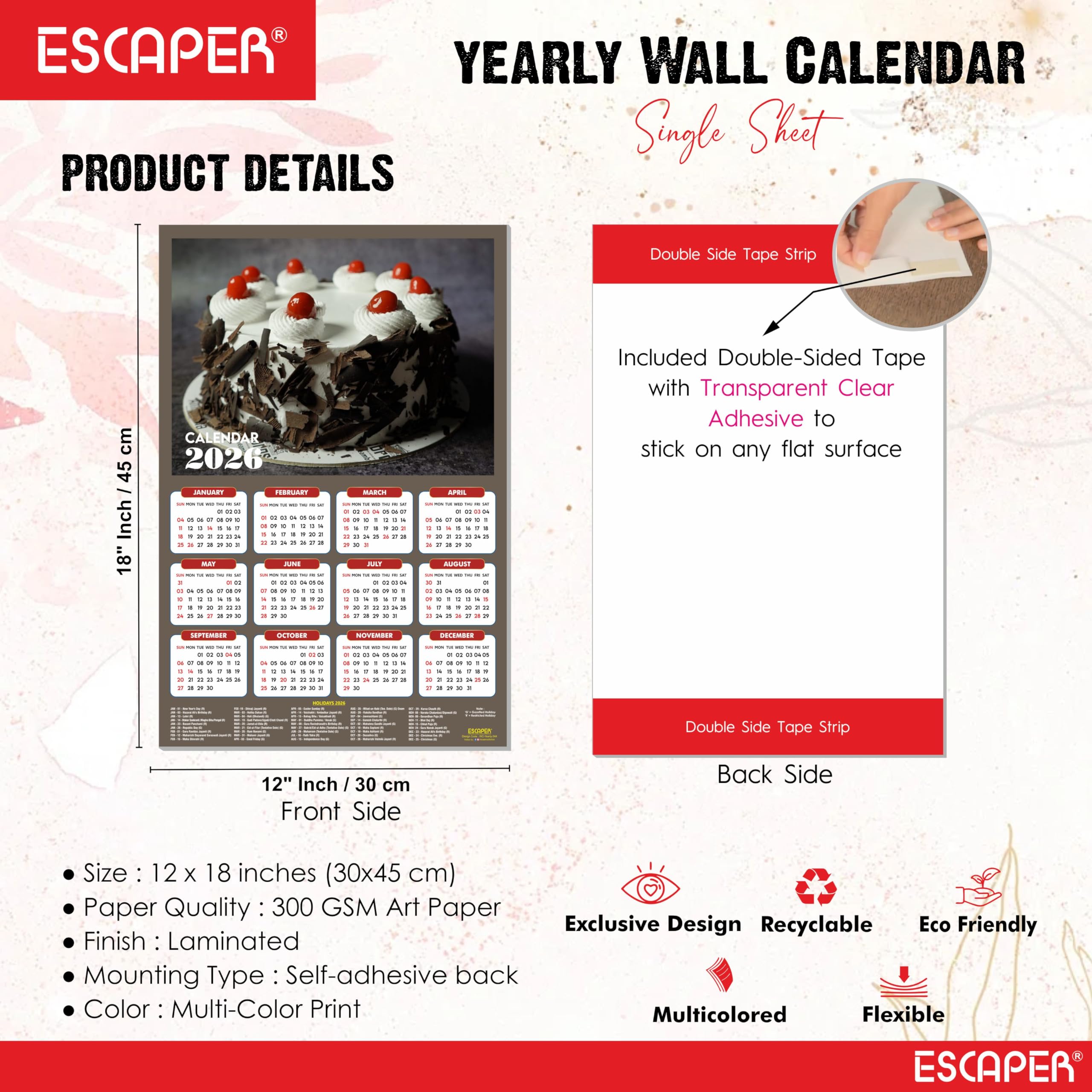 ESCAPER Calendario de pared 2026 con platos de comida, 45 x 30 cm, panadería, cafetería, pizza, comida rápida y cocina china, calendario de decoración de pared para el hogar, cocina y restaurante