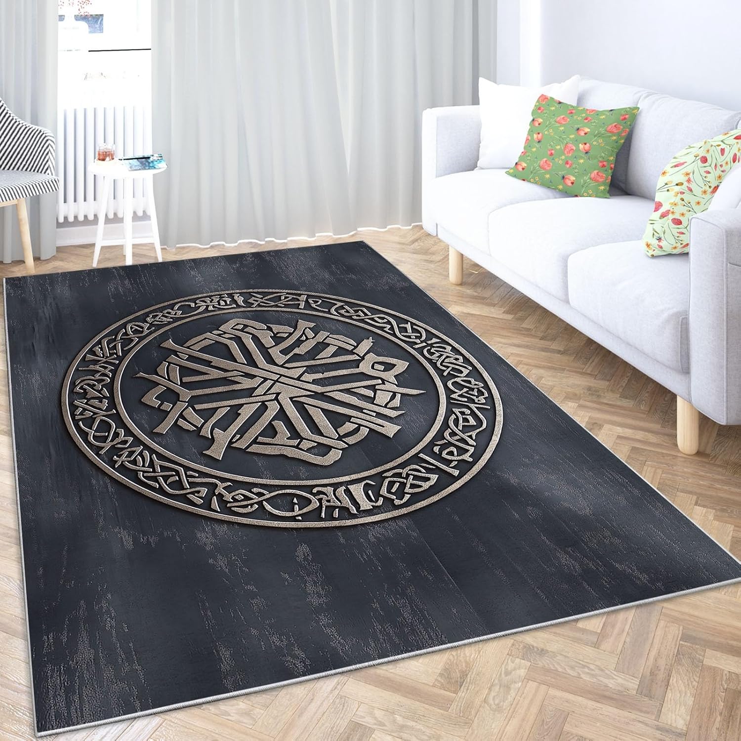 Washable Rugs 2 X 3 Ft, Viking Geometric Patterns Carpets, Ultra Soft Faux Wool Rug, Non Slip & Non-Shedding Low Pile Dark Grey Print Carpets for Living Room Bedroom Home Office Decor