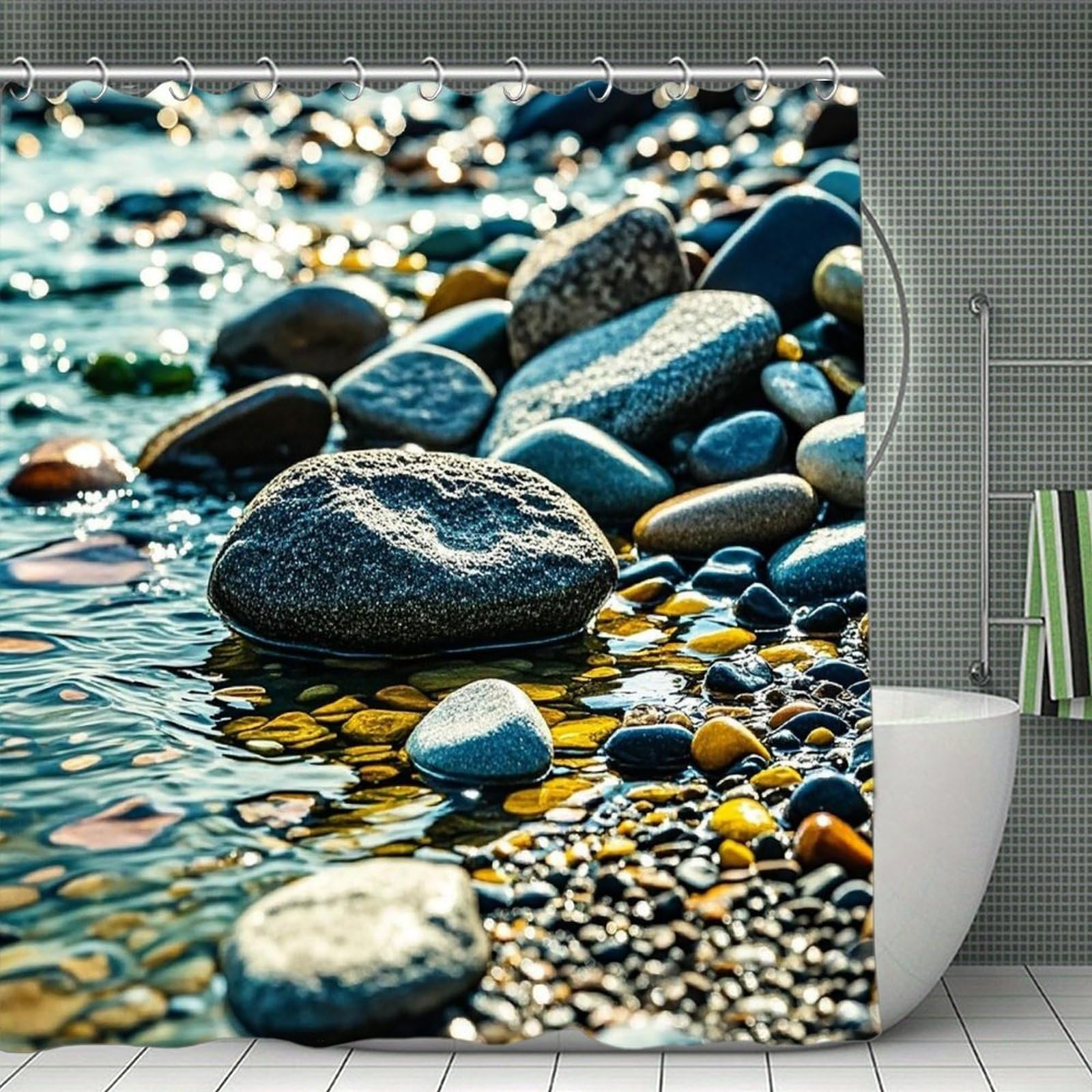 FekiLoot Rocks and Pebbles Shower Curtain with Hooks Modern Farmhouse Bathroom Curtain Waterproof Cloth Bath Curtains Cute Washable Blackout Privacy Curtains for Bathroom Bathtub 70.8"x70.8"